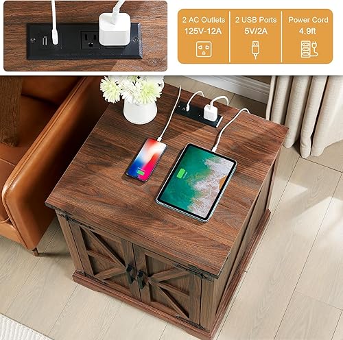 Miniatura 5 de Mesa auxiliar de granja con estación de carga, mesa auxiliar grande de sofá de 24 pulgadas con puerta de granero, mesita de noche cuadrada de madera