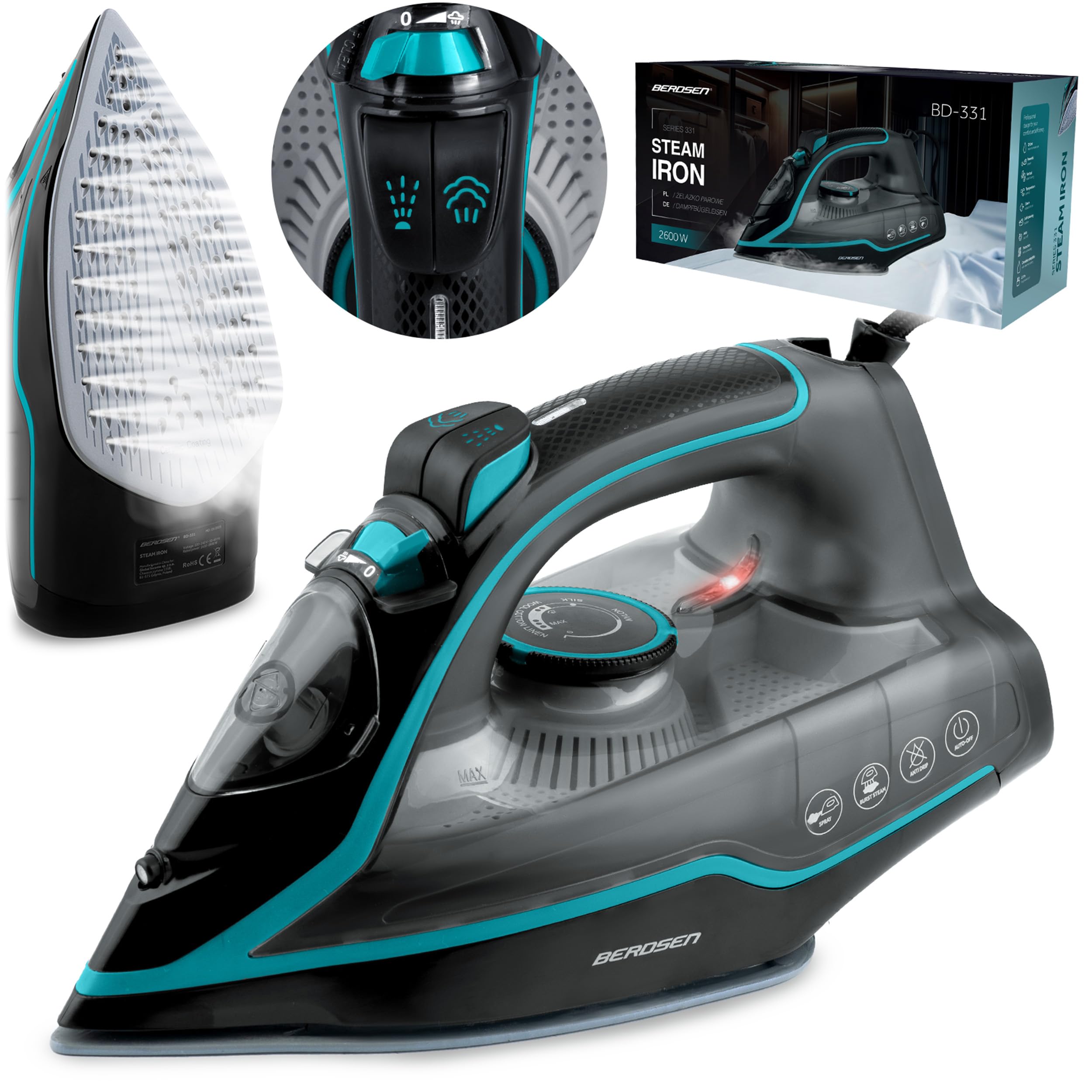 Berdsen Ferro da stiro a vapore, 2600 W, ferro da stiro 9 in 1, con suola in ceramica, serbatoio dell'acqua da 230 ml, colore verde