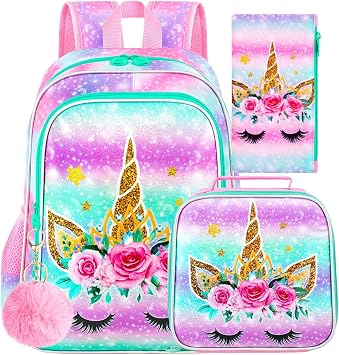 CCJPX 3PCS Unicorn Backpack for Girls, 16Kids Bookbag with Lunch Box, Cute Water Resistant Elementary School Bag for Kindergarten Preschool Toddler