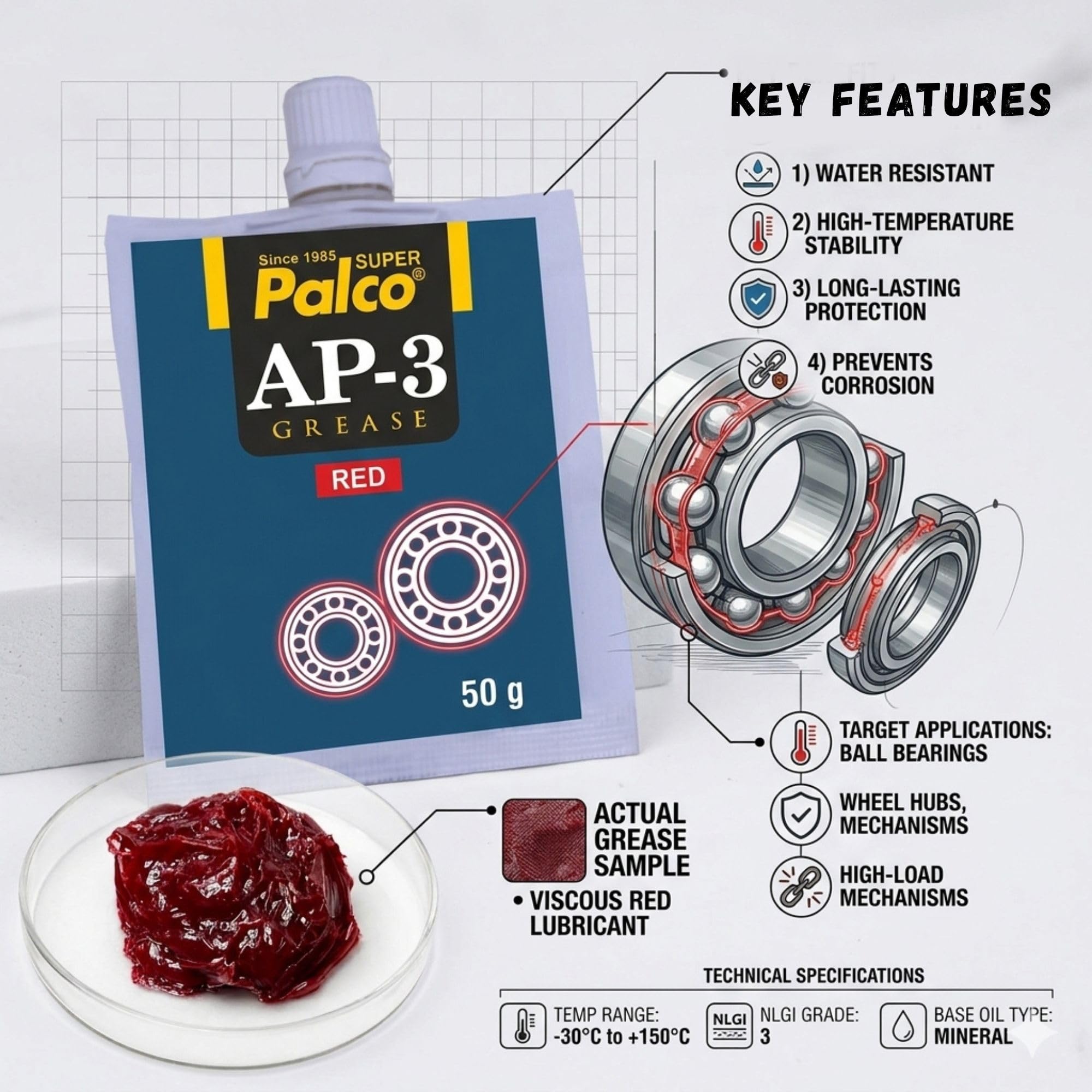 PALCO AP-3 RED GREASE Pouch 50g (Pack of 5) Multipurpose Water Resistant & Chassis Bearing Lithium Base Anti Corrosion Grease for Car Cycle Machinery Bike Chain Lube NLGI-3 Long Lasting Lubricant 2