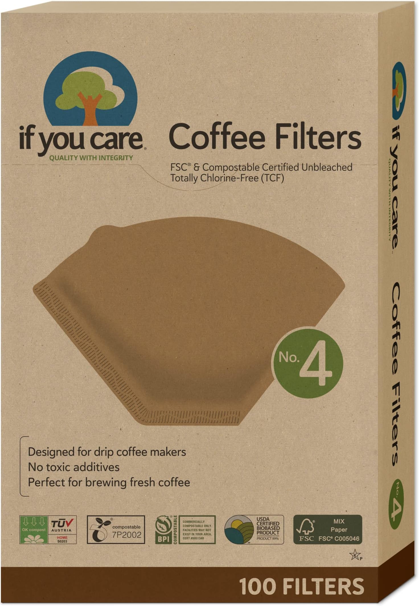 Unbleached Coffee Filters, 4 cone, 100 count.