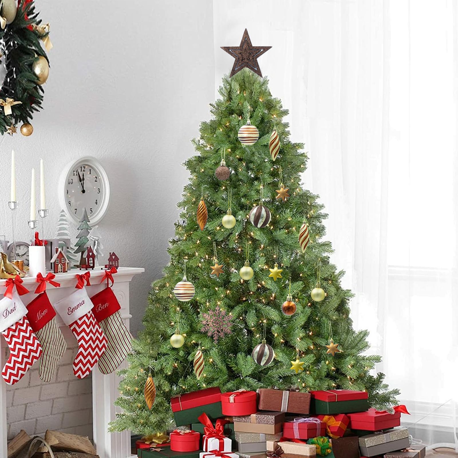 Juego de 50 adornos para árbol de Navidad, bolas de Navidad inastillables con estrella para decoración de árbol con paquete de regalo reutilizable de mano, bola colgante para decoración del hogar