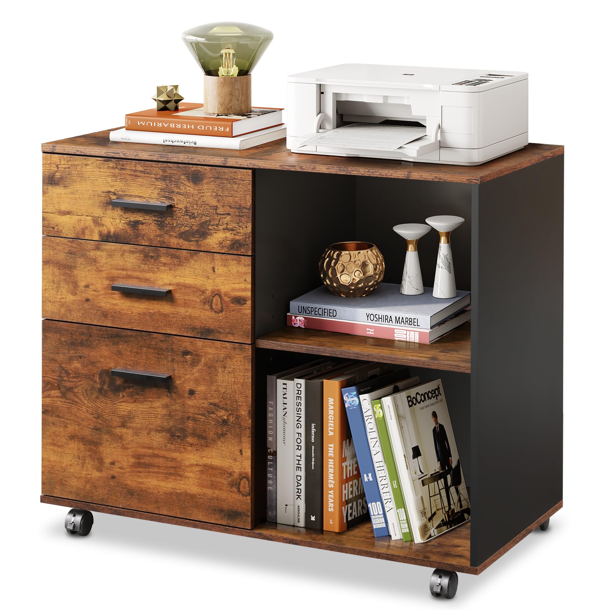 devaise 3 drawer wood file cabinet, rolling filing cabinet with open storage shelf, printer stand for home office storage and organization, fits letter/a4 files (rustic brown, wood)