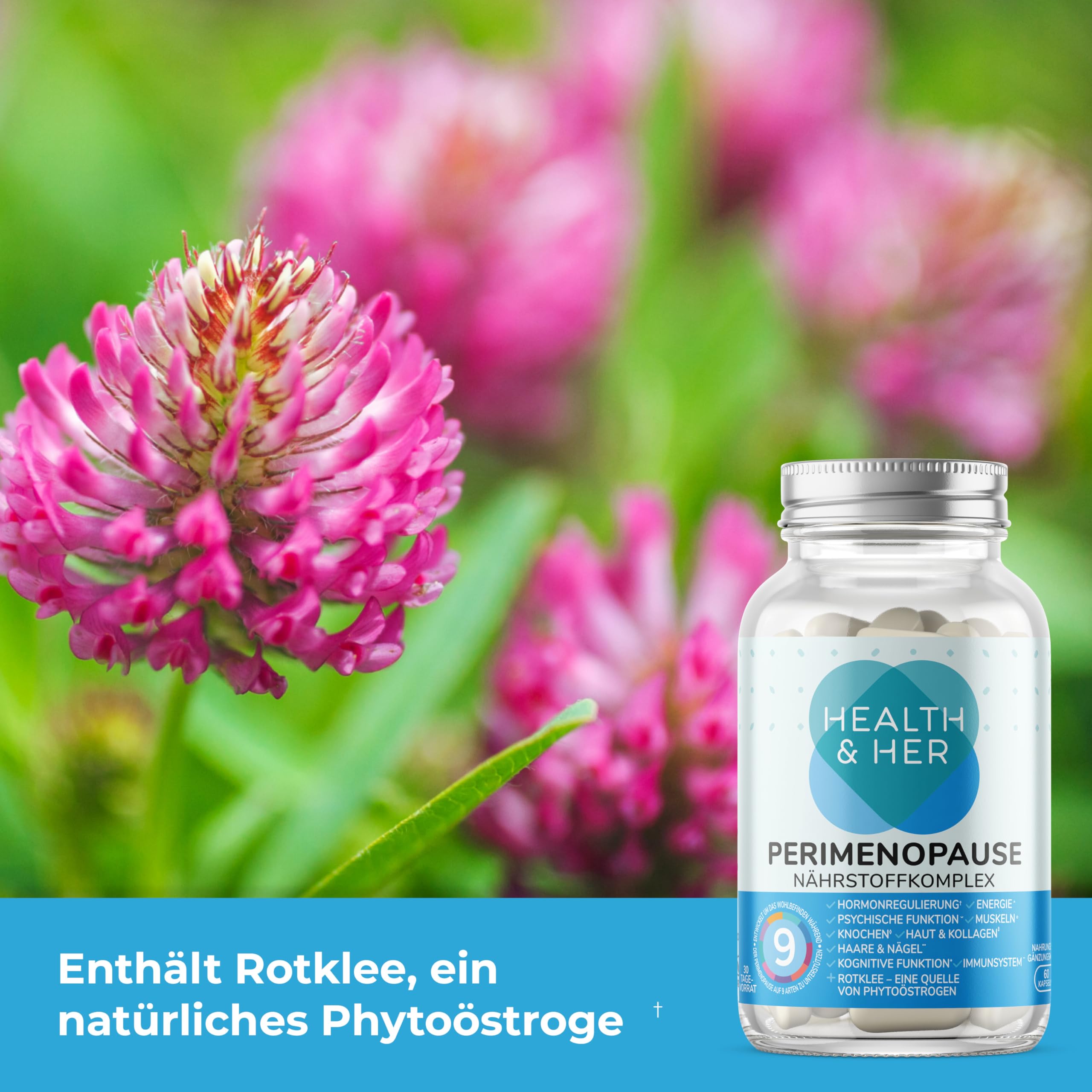 Health & Her Perimenopause - mit 800mg Rotklee, 500mg Yamswurzel, Eisen, Vitamin D3, B6 und B12, Maca-Extrakt für eine bessere Hormonbalance in den frühen Wechseljahren - Menopause 60 Kapseln