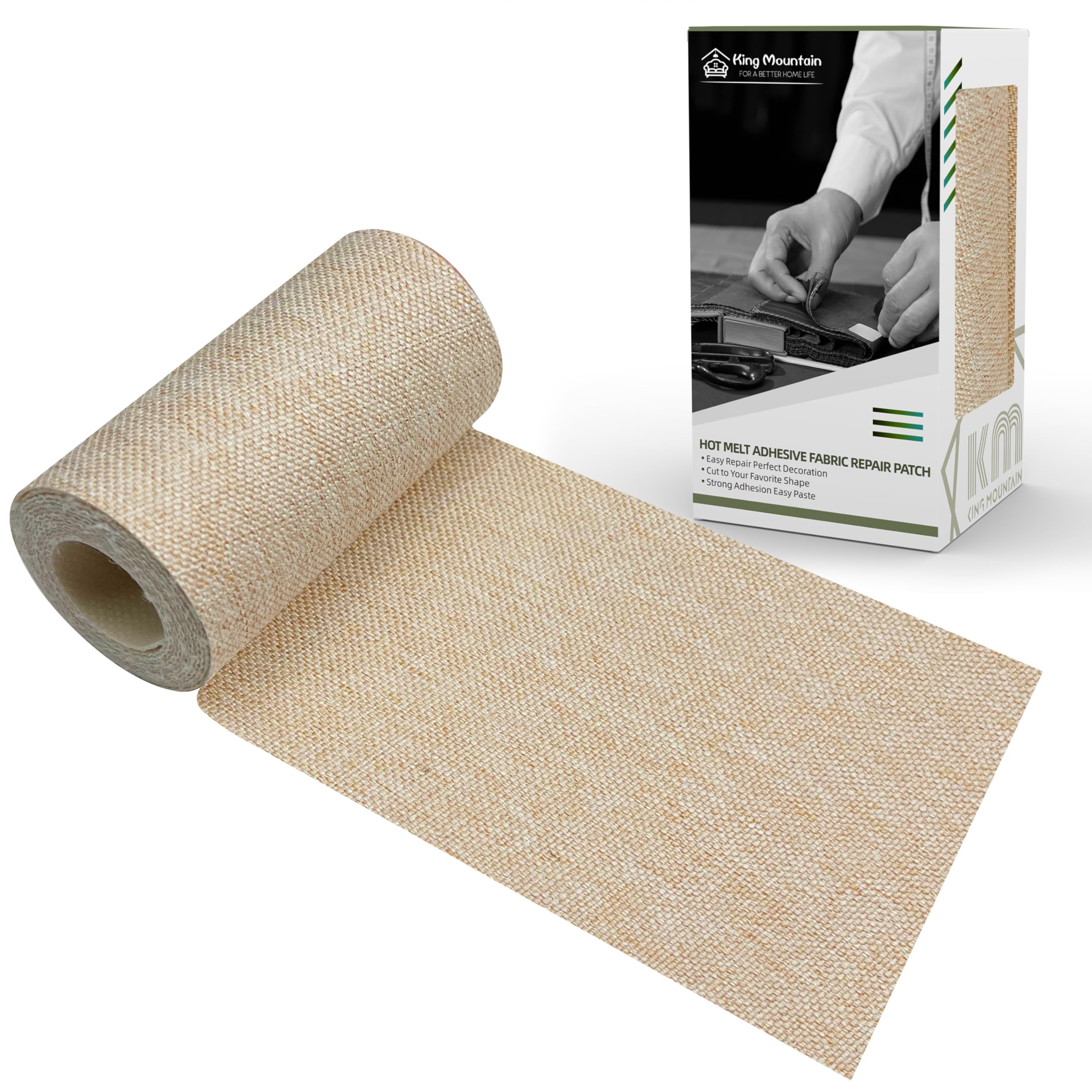 KING MOUNTAIN Linen Fabric Iron-on Repair Patch, Inside&amp;Outside Fabric Repair Patch, 3"x60" with Backing Glue Linen Repair Decorative Patch kit (Light Beige)