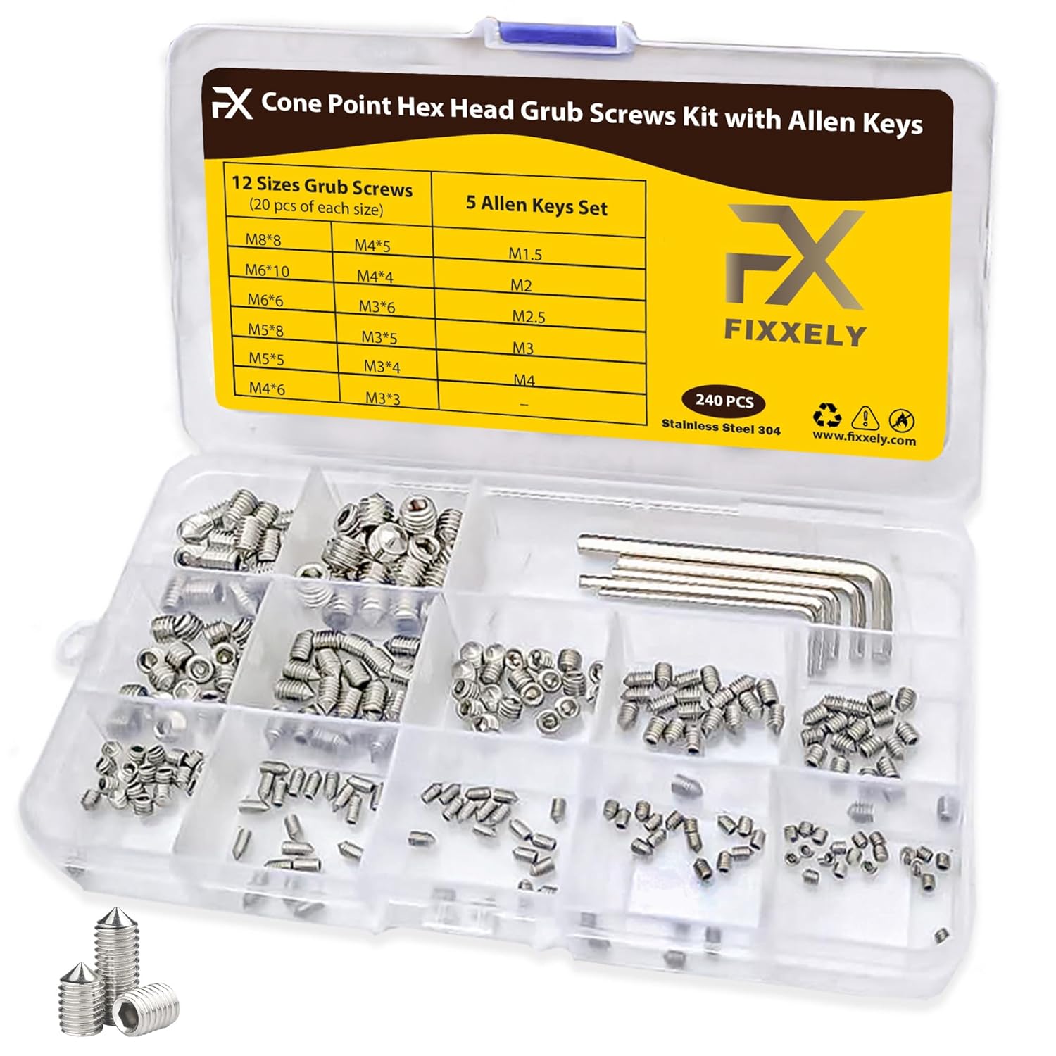 FIXXELY Cone Point & Flat Head Grub Screws Set of 240 (M3,M4,M5,M6,M8
