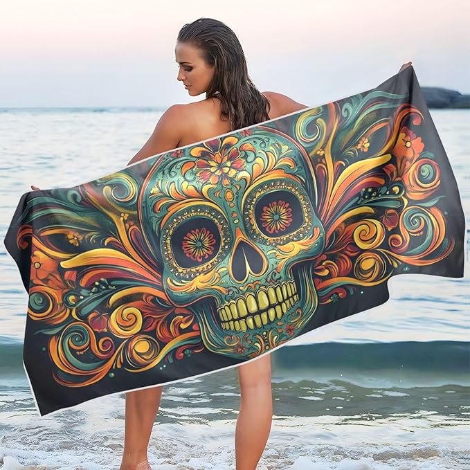 Microfiber Thin Lightweight Beach Towel Sugar Skull Portrait Quick Dry Pool Towels 30” x 60” Sand Free Absorbent Yoga Camping Towel for Gym, Gym, Picnic M