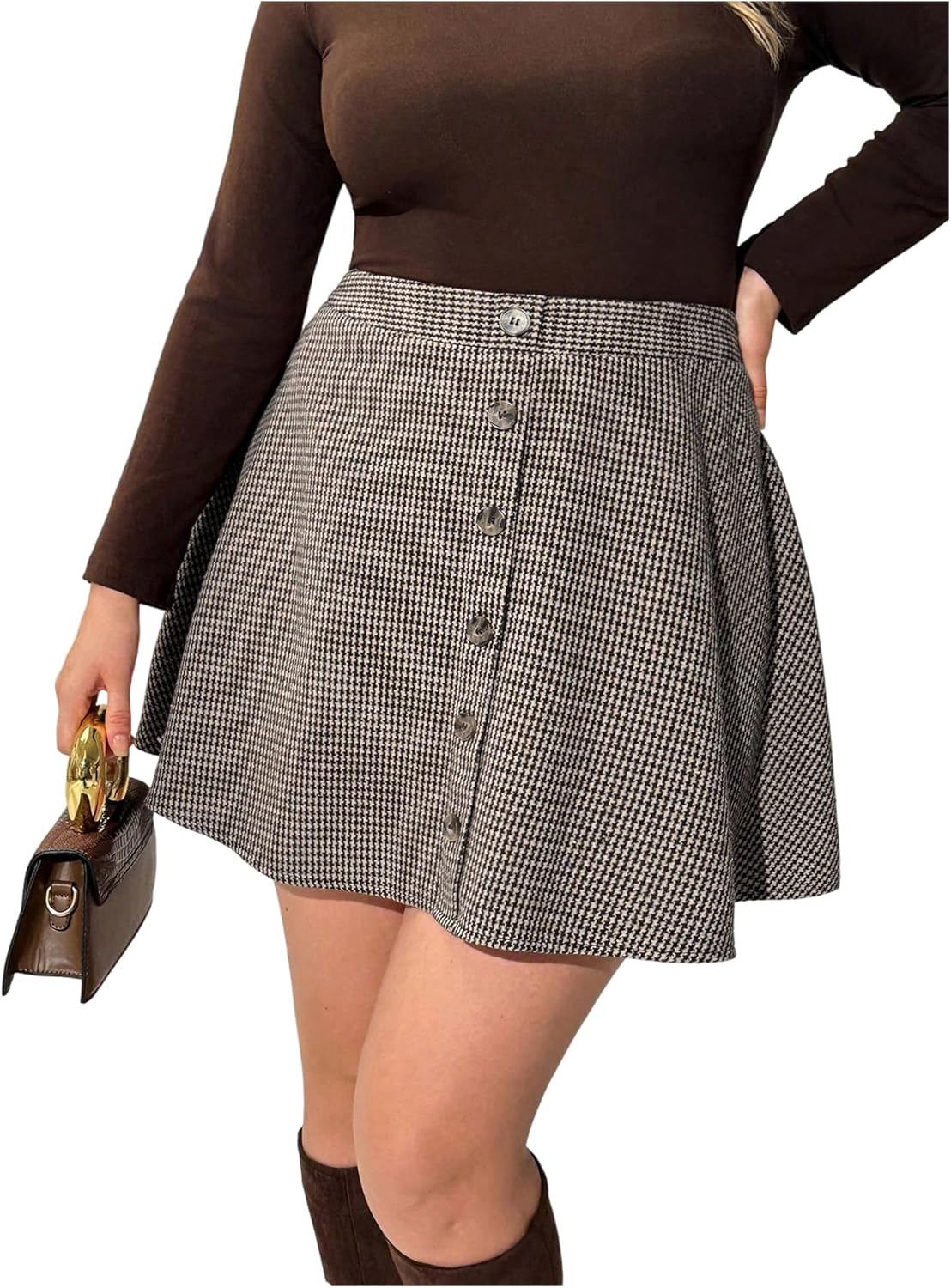MakeMeChic Women's Plus Size Houndstooth Mini Skirt Button A Line Flare Work Office Skirts