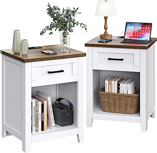 Decofy Farmhouse Nightstand with Charging Station & Large Storage, Set of 2 Modern End Tables with Outlets, USB Ports and Type-C Ports, Easy Assembly for Bedroom (Pure White + Walnut)