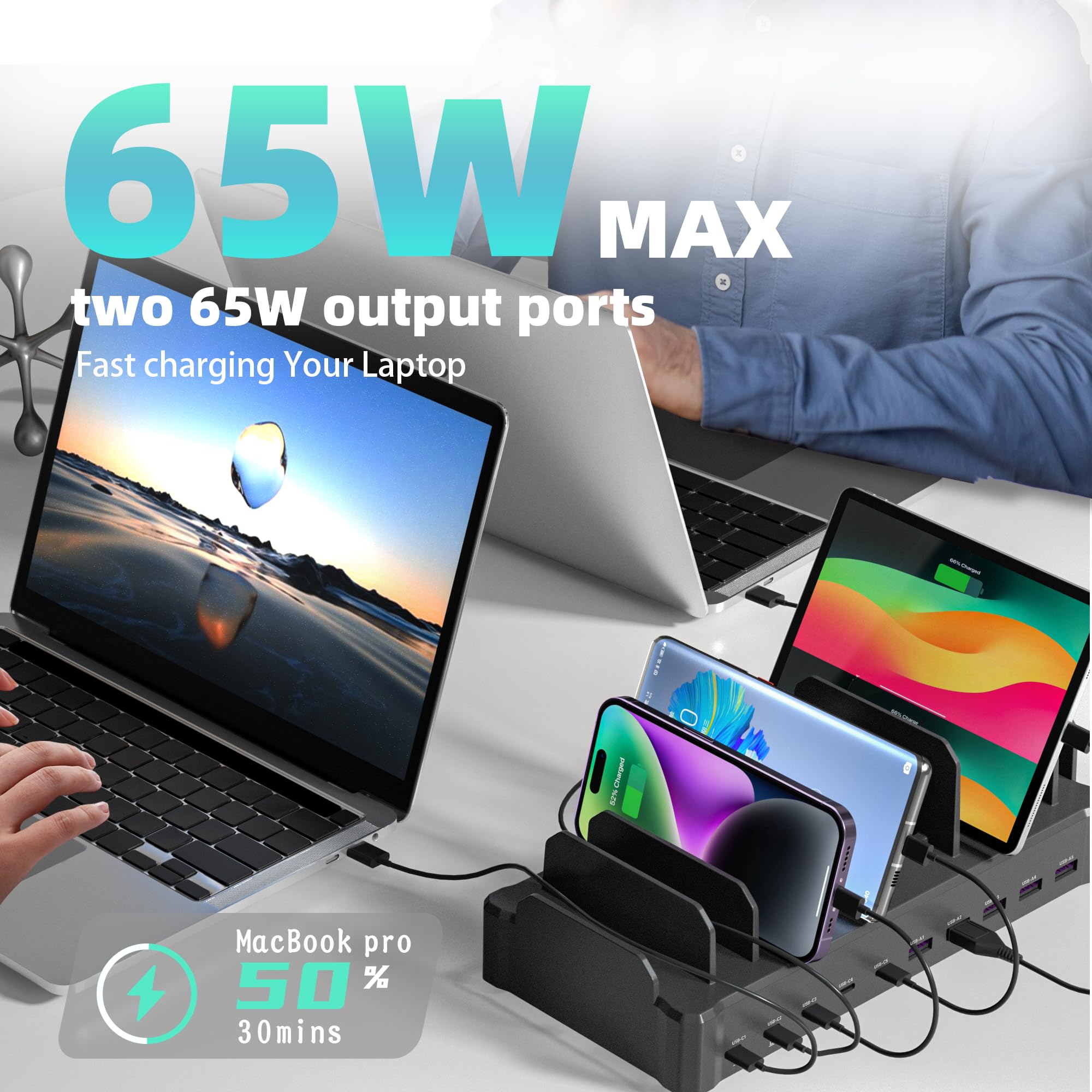 320W Charging Station for Multiple Devices, Zobirez 10-Port USB C Fast Charger Stations for MacBook, iPhone, Android Cell Phone, iPad, Tablet, Family Multi-Device Organizer Charging Dock, Black