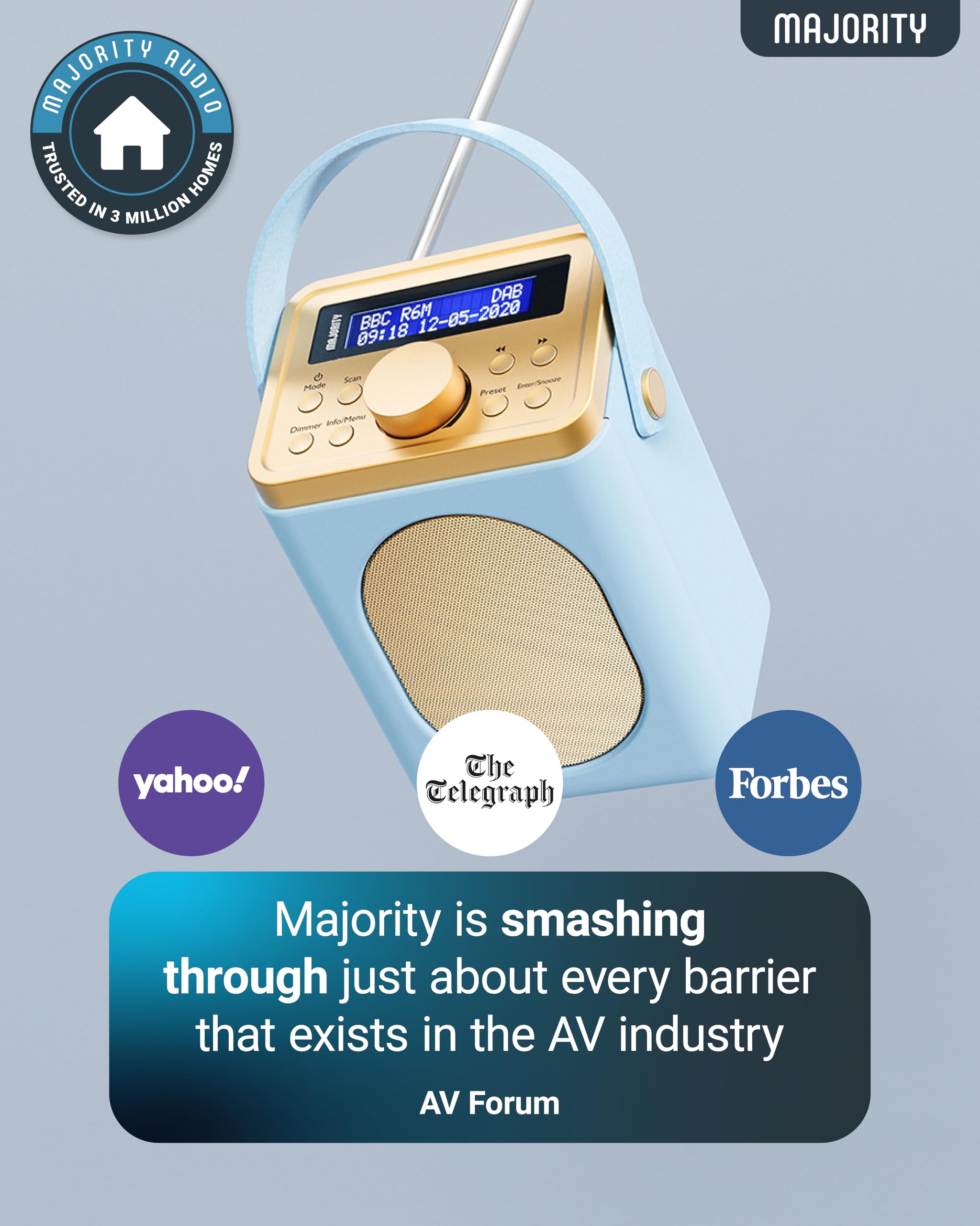MAJORITY Little Shelford Radio Portail Dab+ FM | Radio a Pilas y Alimentada por la Red Eléctrica | Bluetooth | Función de Doble Alarma y Repetición de Alarma | 40 Presets (Huevo de Pato Azul)