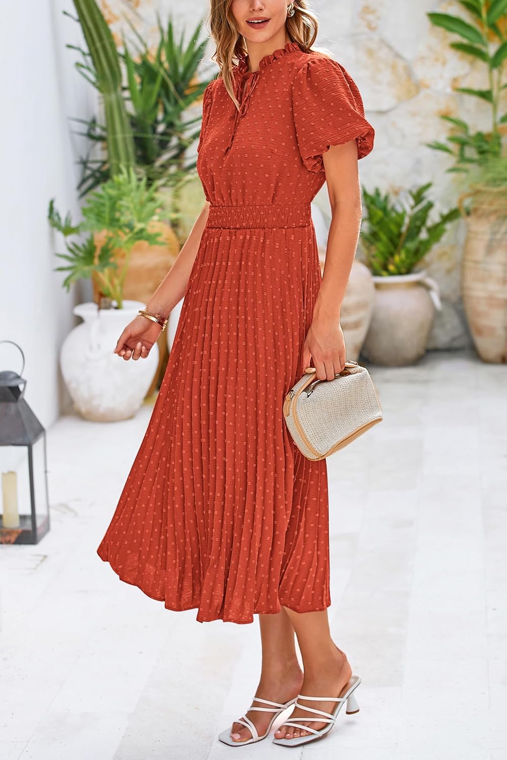 PRETTYGARDEN Womens Summer Midi Dresses Puff Short Sleeve V Neck Swiss Dot Pleated A Line Flowy Long Wedding Guest Dress - (color: Brick Red, size: X-Large)