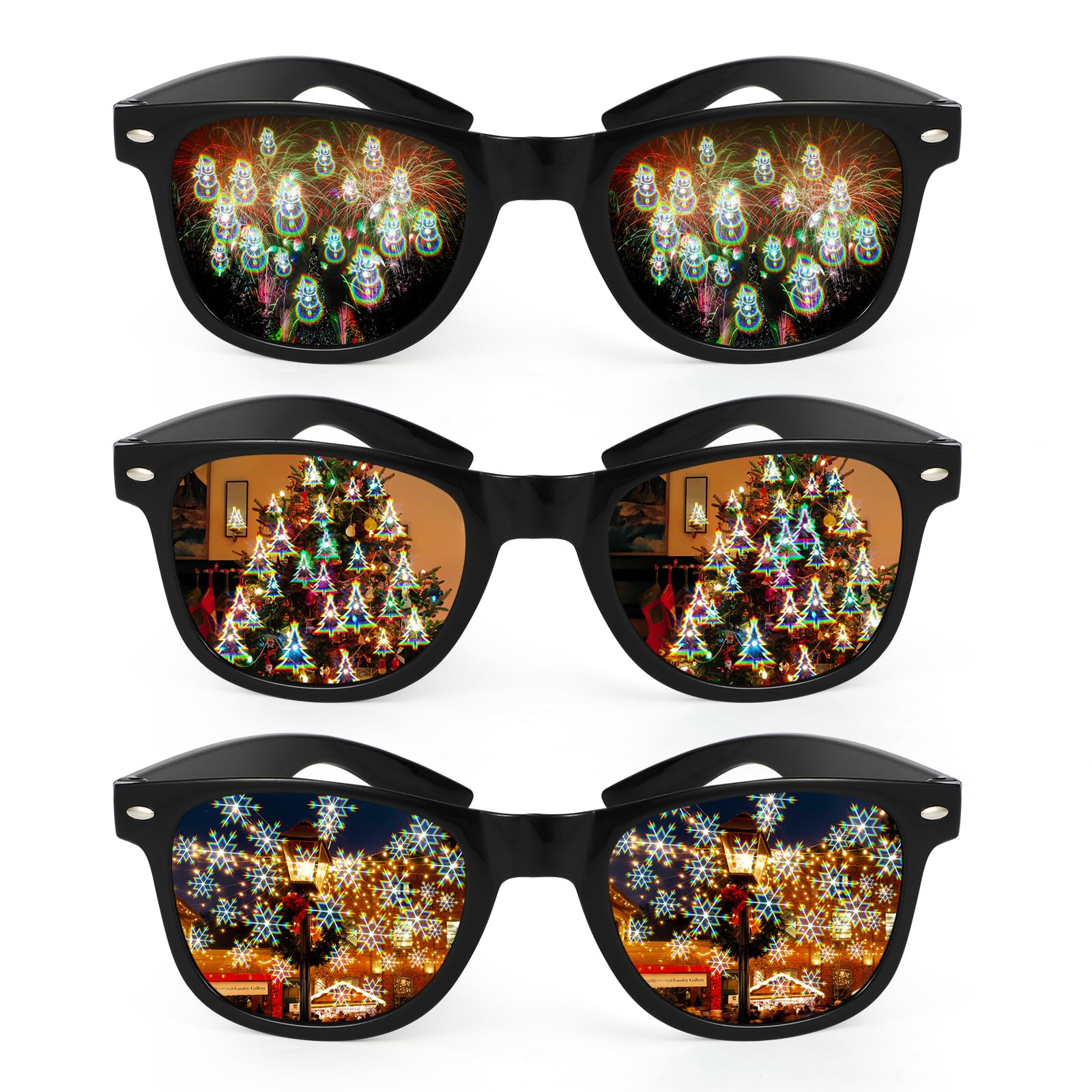 3Pcs Christmas Party Diffraction Glasses, Chrismas Tree Snowflake Snowman Effect Light Refraction Glasses, 3D Christmas Glasses Party Glasses for Adults Kids for EDM Light Firework Show Party Gift