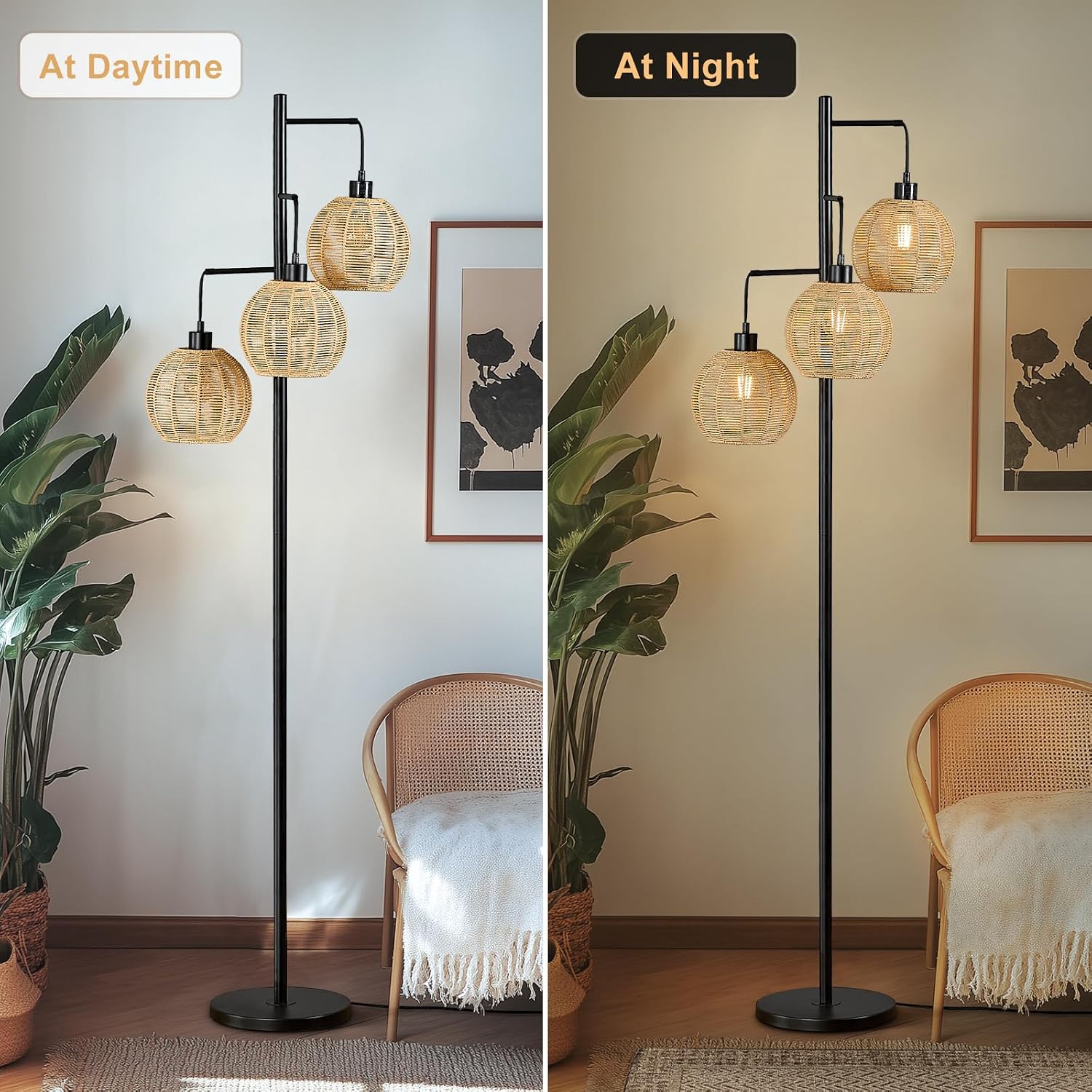 Maxax 72" Boho Rattan Floor Lamp for Living Room, 3-Lights Farmhouse Floor Lights for Bedroom, Industrial Black Standing Lamp Bamboo Woven Wicker Rustic Tall Floor Lamps