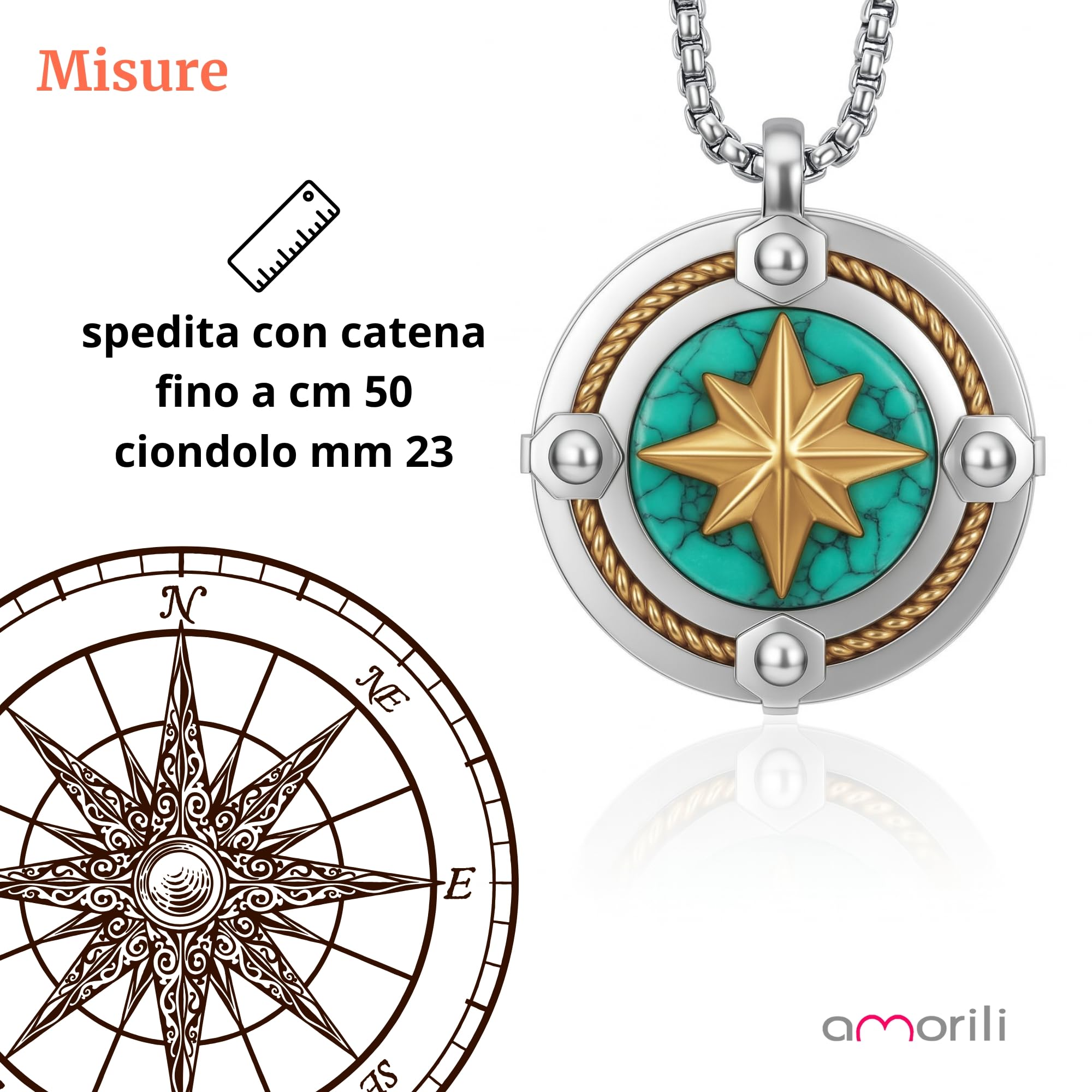Collana Uomo Rosa dei Venti in Acciaio Inossidabile | Pendente Bussola Nautica | Catena Regolabile Fino a 50 cm | Gioiello Regalo Elegante Stile Marina Militare (l)