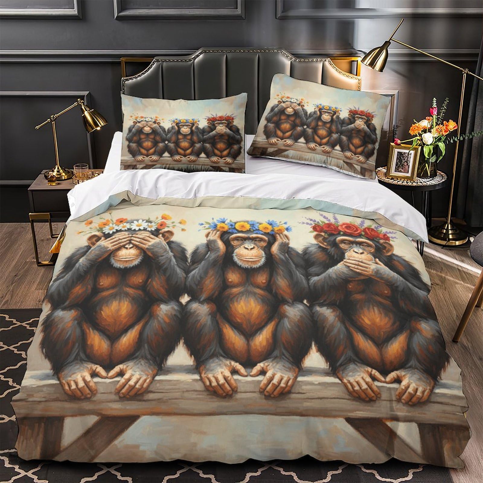 HQZNKXJPRL Three Monkeys Comforter Cover 3D Design Printed All Season 3 Piece Bedding Set Zipper floral Crown Quilt Cover Ultra Soft Washable for Kids Teens Adults Women Youth King（220x240cm）