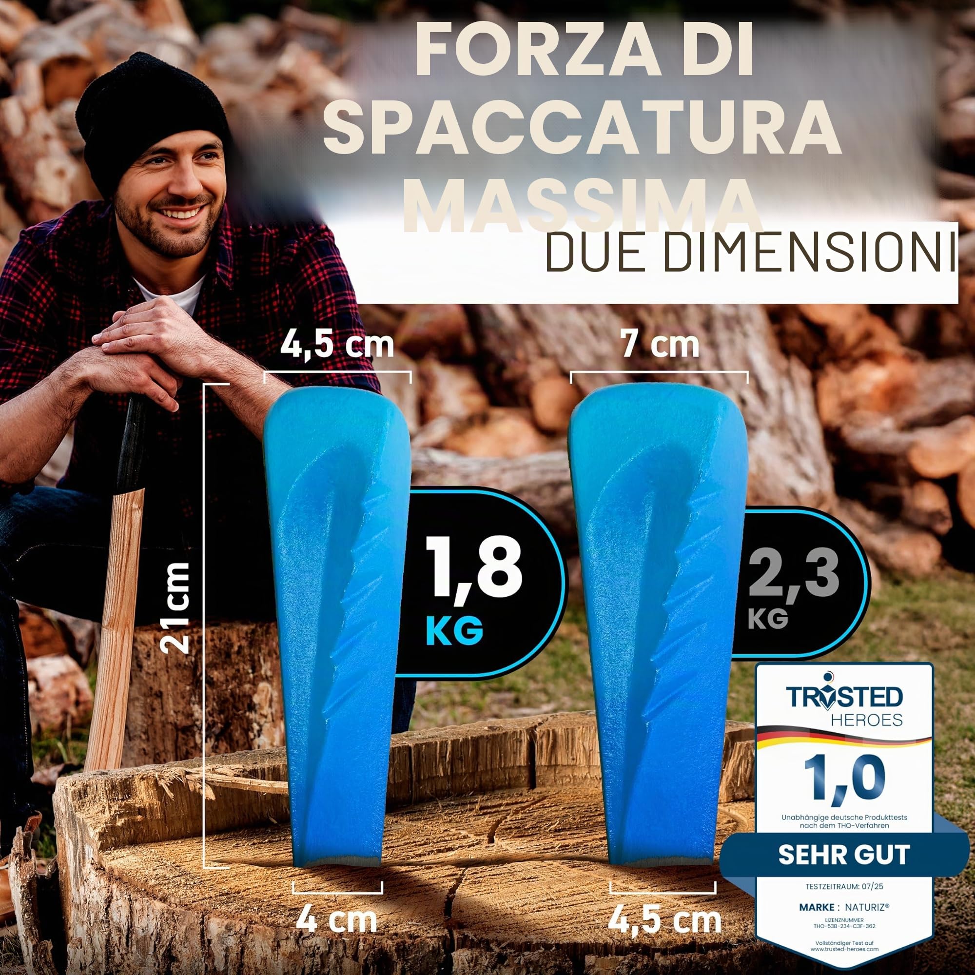 NATURIZ cuneo professionale per legno con custodia e cappuccio protettivo, cuneo girevole affilato per spaccature