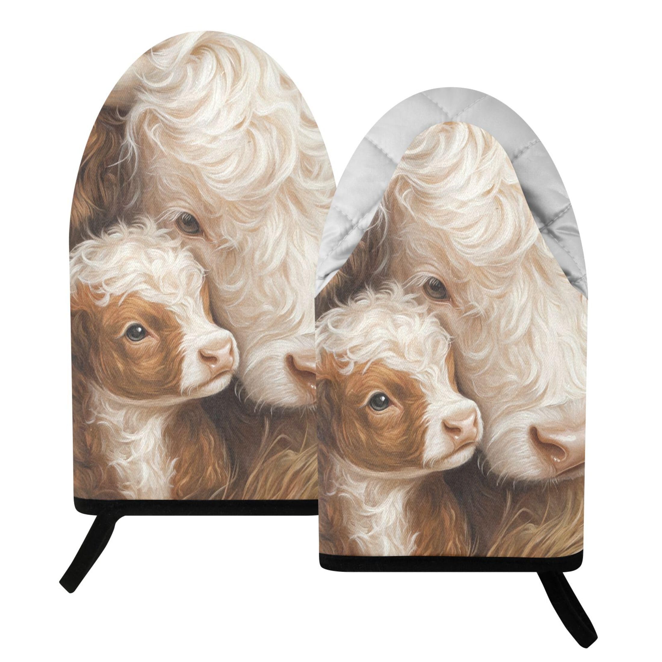 Fuauuyl Oven Mitts Heat Resistant Kitchen Gloves, White Brown Cows Classic Oven Gloves with Hanging Loop for Baking BBQ Cooking Grilling, 1 Pair, 9.5 in