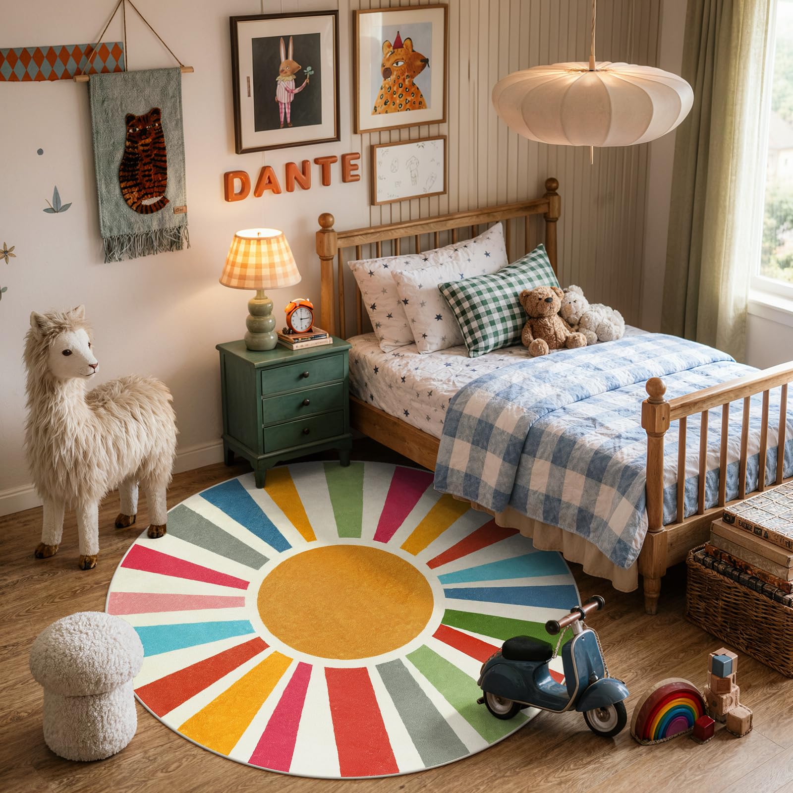 STARUIA Boho-Teppich, waschbar, 152 cm, runder Teppich für Schlafzimmer, Regenbogen-Kreis, Kinderteppiche für Büro, rutschfester Kreis-Teppich, weiche Sonnenschein-Teppiche für Schlafsaal