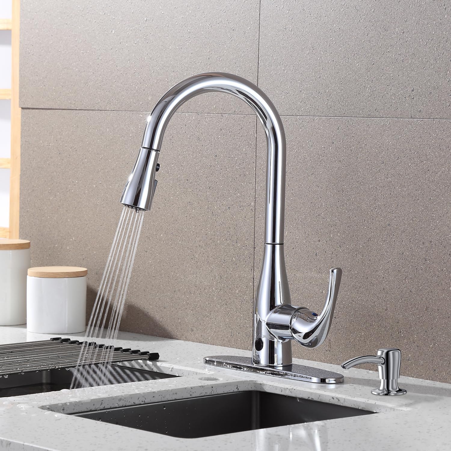 Chrome Touchless High Arch Gooseneck Kitchen Faucet with Pull-out Spray