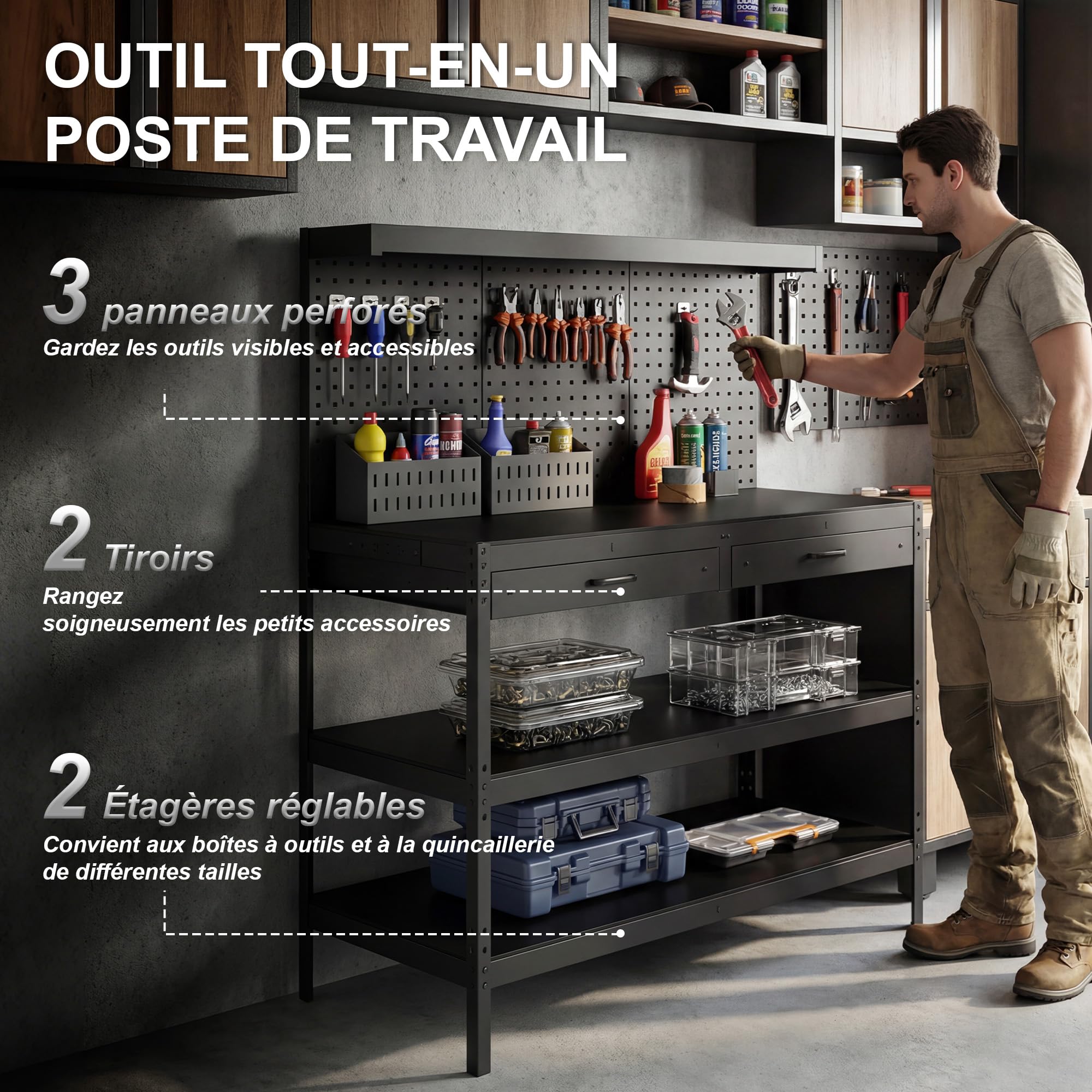 HOMCOM Établi d'Atelier, Charge Max. 272 kg, 122x61x156 cm, Plan de Travail avec Panneau Perforé, 2 Tiroirs et 2 Étagères Réglables, Cadre en Acier, pour Garage, Atelier ou Entrepôt, Noir