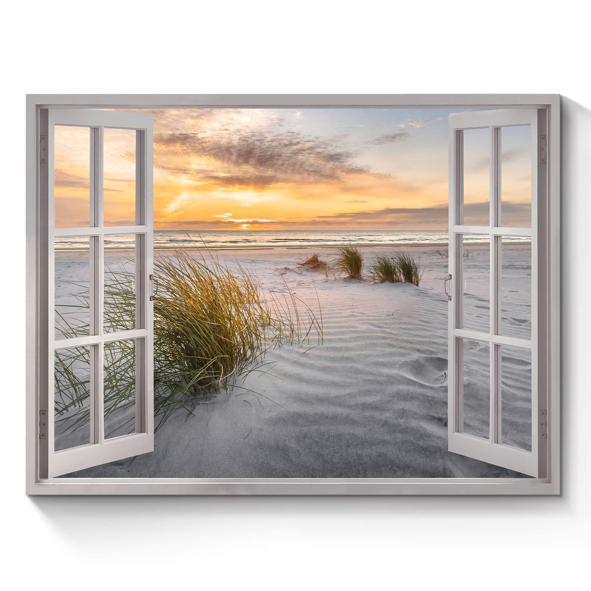 Fake Window Coastal Wall Art: Open Window View Sunset Beach Scene Painting Natural Ocean Seascape Prints on Canvas Sea Seaside Tropical Sand Dunes Seashore Grass Landscape Artwork for Office Bedroom