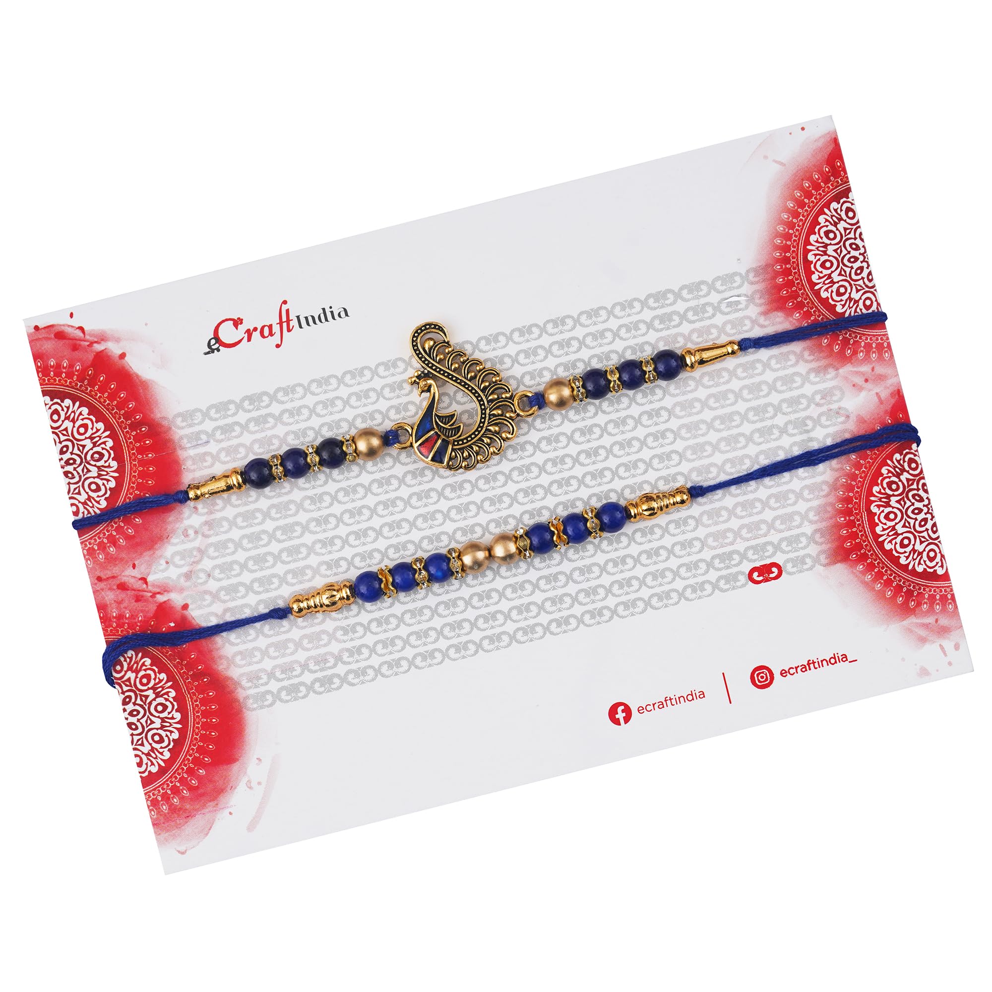 eCraftIndia Set of 2 Blue & Golden Pearls and Peacock Designer Rakhis with Roli Pack - Rakhi for Brother, Bhaiya, Bhai