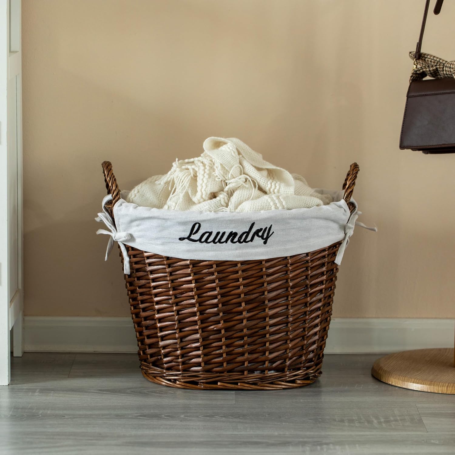 Handwoven Brown Wicker Laundry Hamper with Liner and Handles