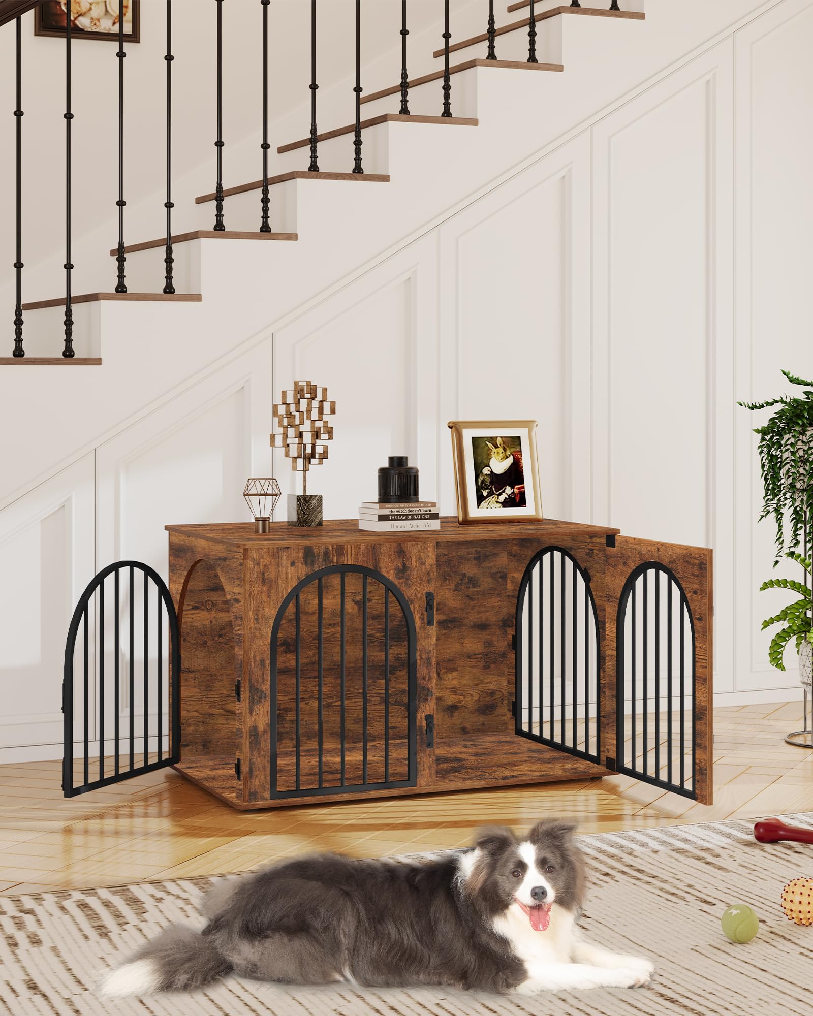 Hzuaneri 100cm Jaula para Perros, Mesa Auxiliar, casa Moderna para Perros, Jaula Perro Grande para Casa de Madera, dúplex para Animales, 3 Puertas, Puerta arqueada, 60 x 100 x 63 cm, Marrón Rústico