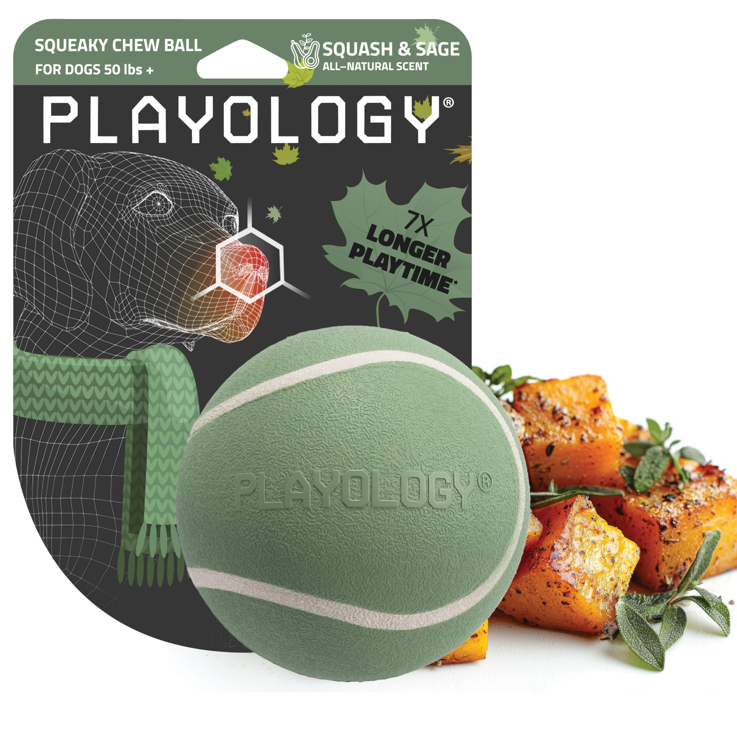 Playology Dog Toys Squeaky Chew Ball - Bouncy Durable Floating Fetch Ball for Dogs Jumbo Butternut Squash Sage