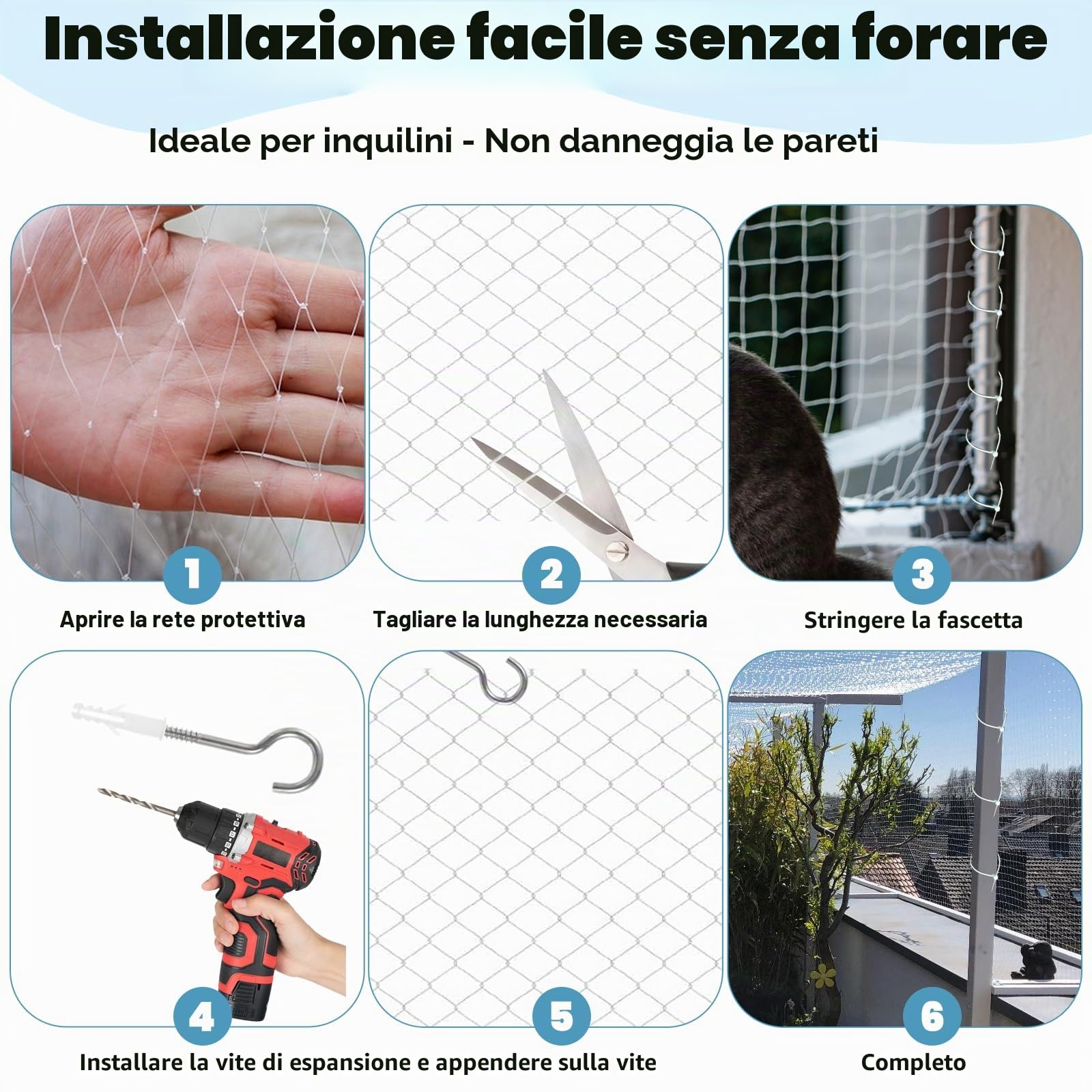 Rete per gatti per balcone, 10 x 3 m, senza fori, resistente ai raggi UV e agli strappi, rete trasparente in nylon per gatti (con kit di fissaggio), rete di protezione per gatti, per finestre | Senza fori, resistente ai raggi UV, antistrappo, con kit di f
