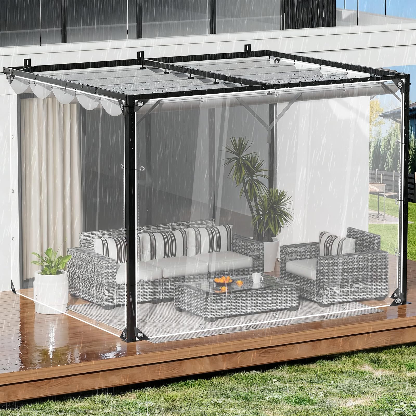 3x5M Heavy Duty Clear Tarp Waterproof 300g/m²,Extra Thick Transparent Vinyl Tarpaulin for Rain Protection,Tear-Proof Plastic Cover with Grommets for Greenhouse,Patio,Garden,Summer Storm Shield