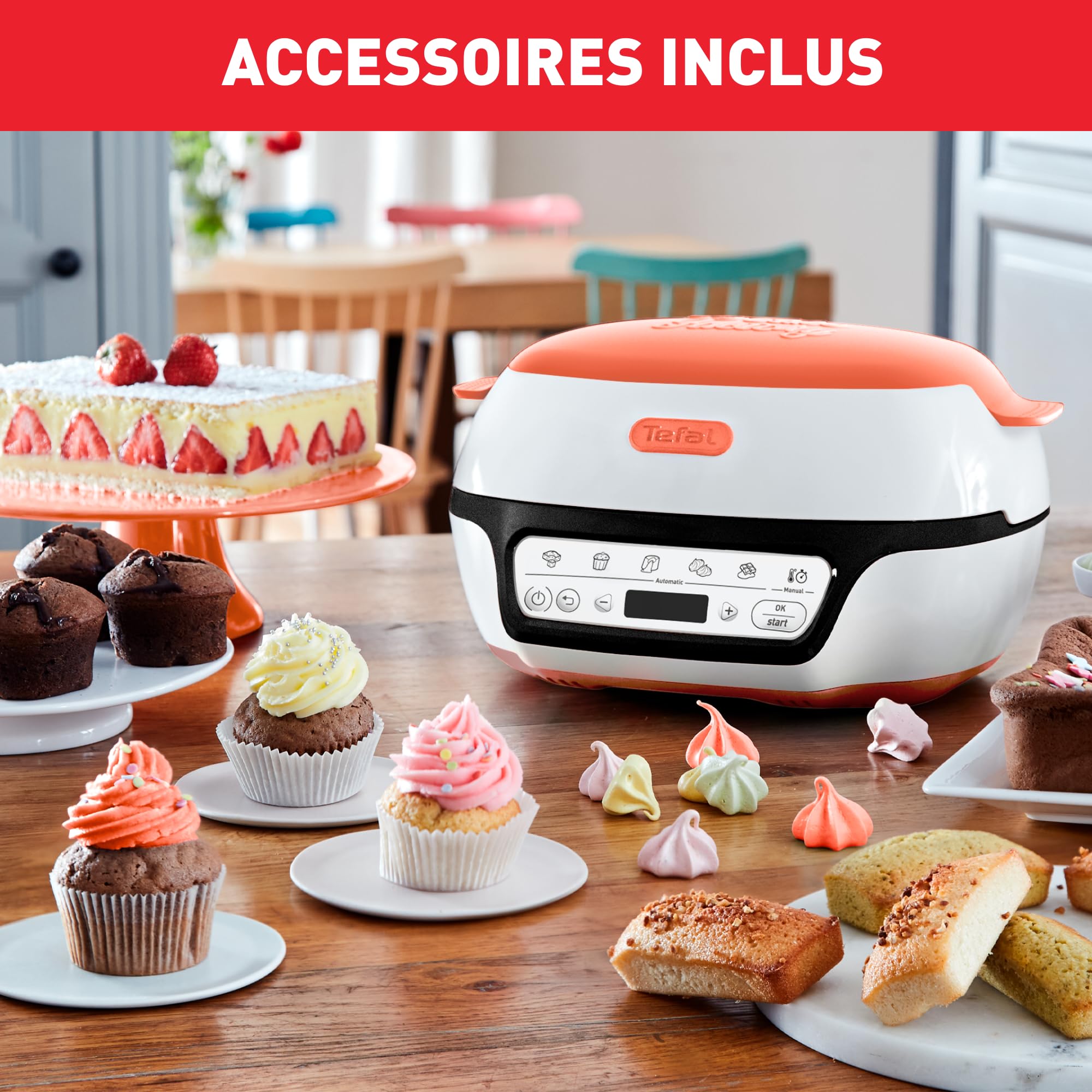 Tefal Cake Factory Tutti Frutti KD801510 – Robot Cuiseur Gâteaux 1100 W, 5 programmes automatiques + mode manuel, inclus coffret 3 moules blancs/corail, cuisson sans préchauffage