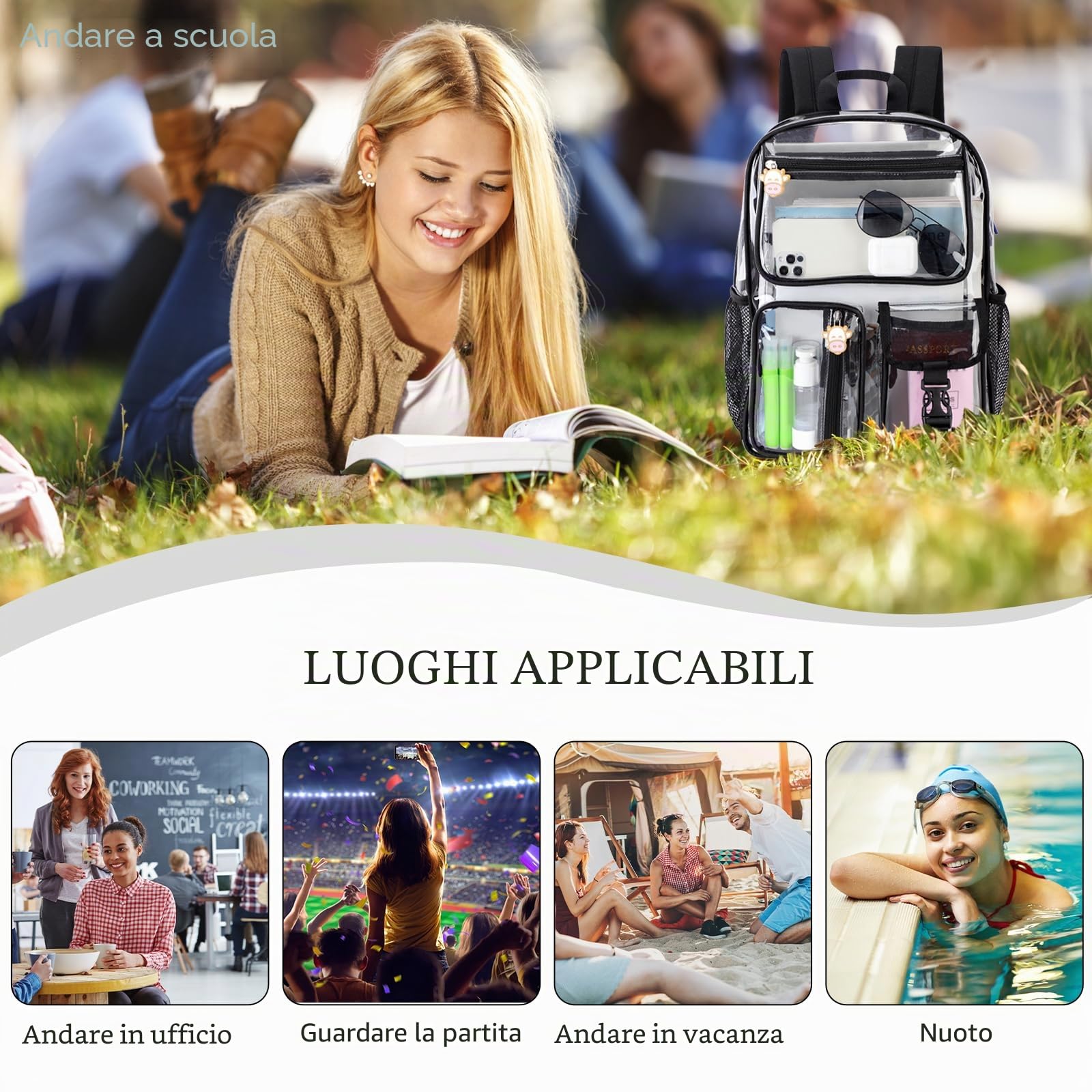 TINYAT Zaino trasparente Borsa trasparente resistente Zaino trasparente grande Approvato per lo stadio per college, concerti, sport
