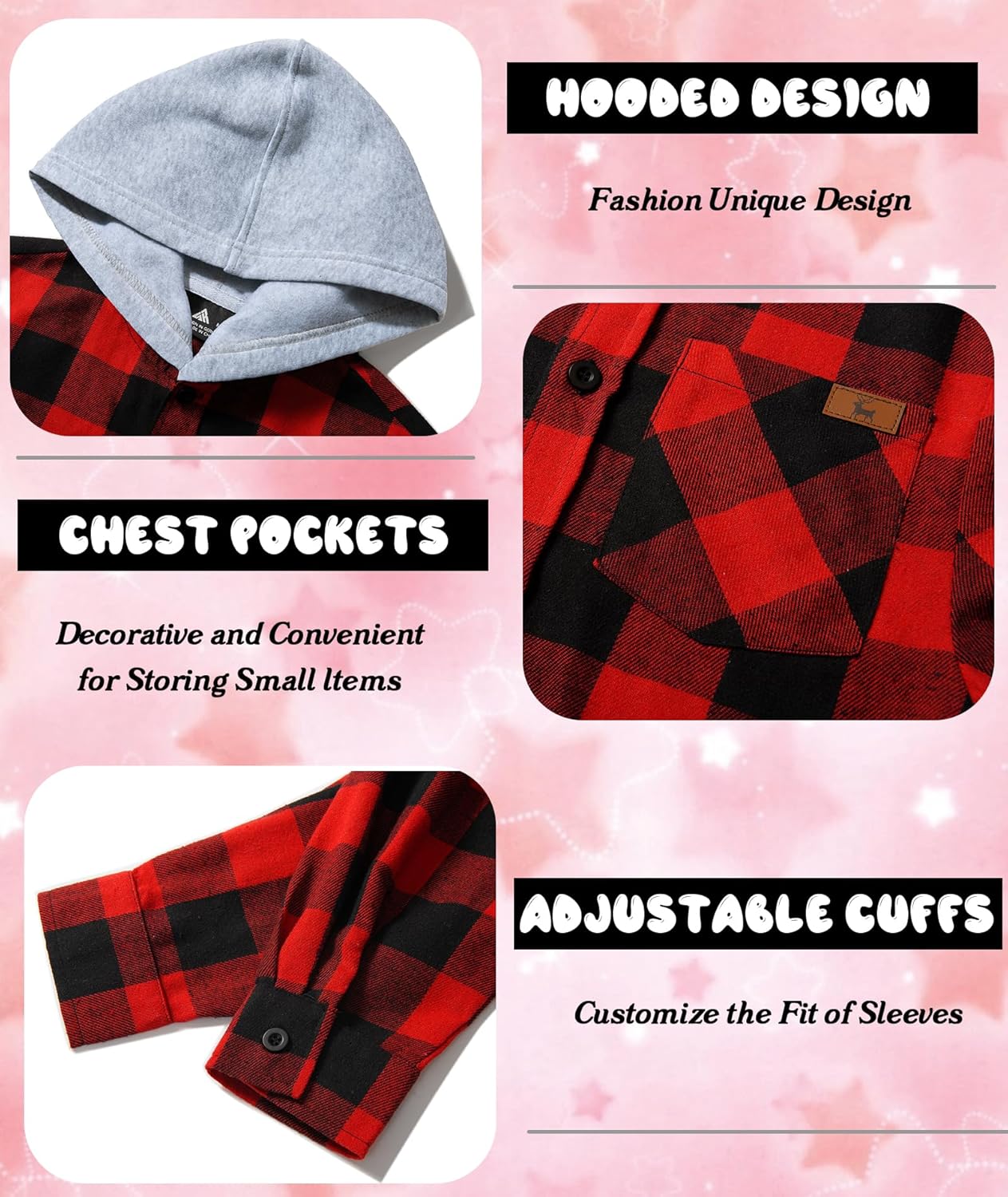 GEEK LIGHTING 3 Pack Boys Girls Plaid Flannel Shirts Unisex Kids Long Sleeve Casual Button Down Shirts with Hood - Image 5