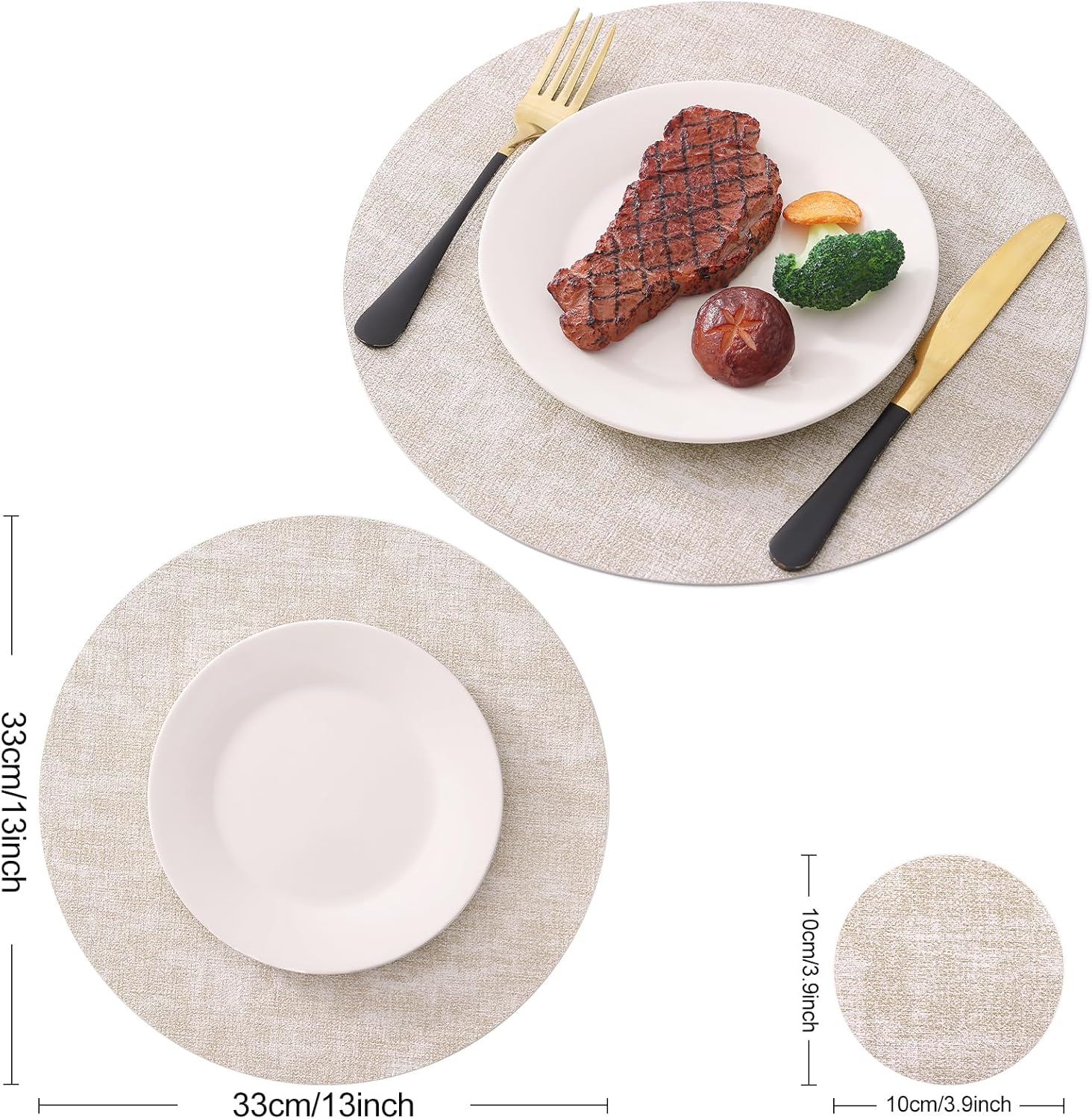 Homaxy Round Faux Leather Placemats and Coasters, Washable Dual-Side Table Mats, Wipeable Heat-Resistant Dining Place Mats for Outdoor and Indoor, Set of 6, Diameter 13 and 3.93 inch, Beige