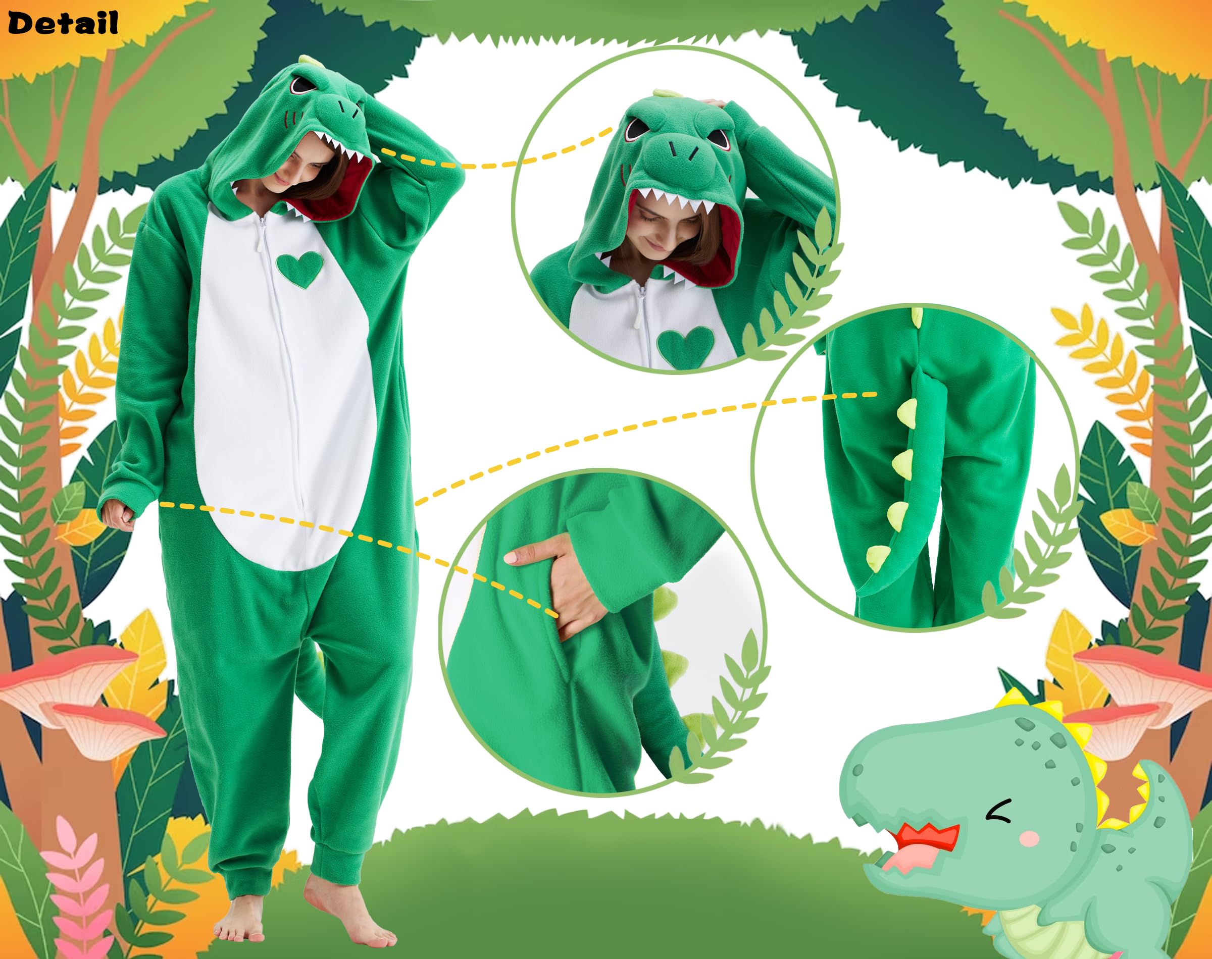 Loiahoer Costume unisexe adulte dinosaure vert pyjama dragon Halloween cosplay costume nouveauté animal Noël pyjama ensemble pour famille et couple