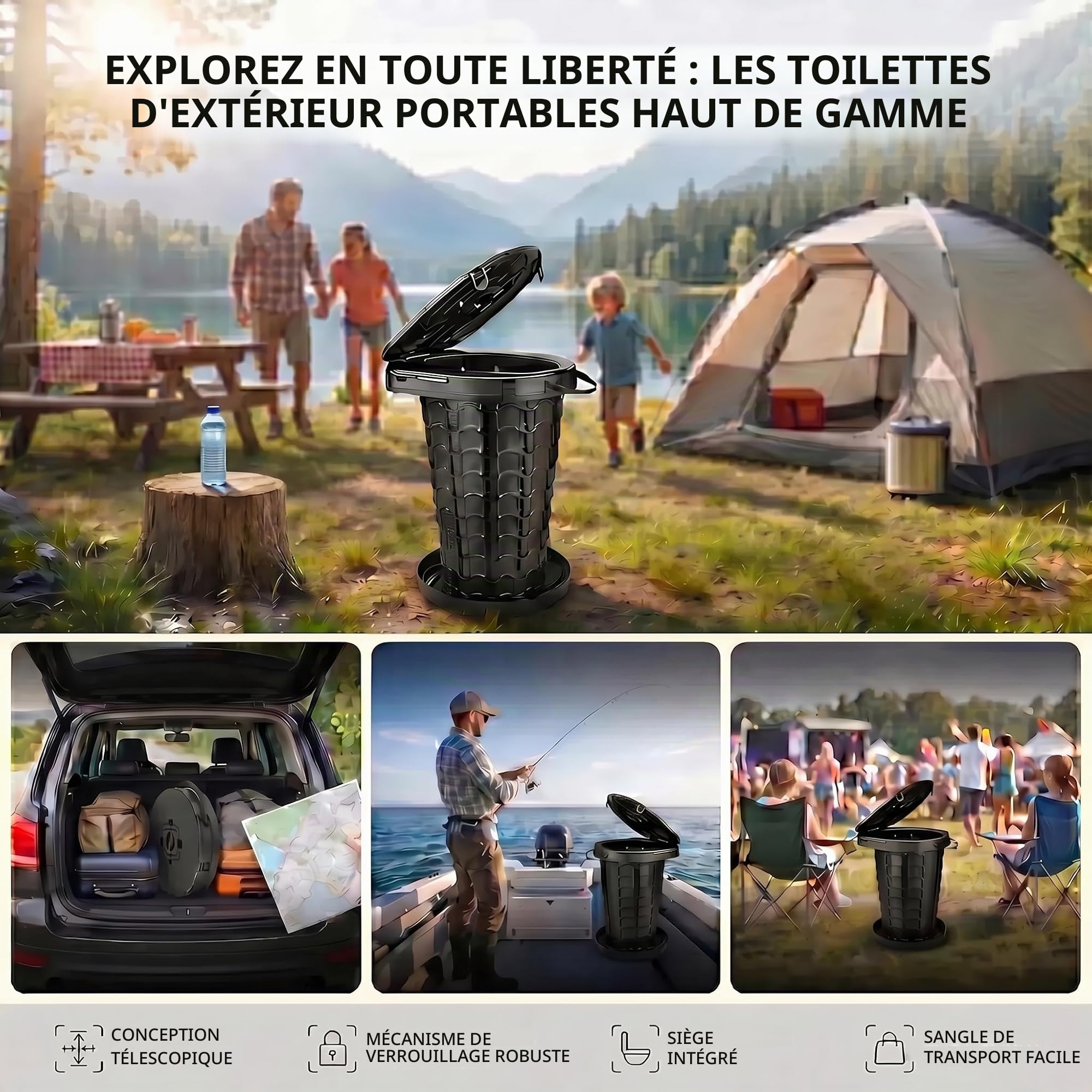 XXL Toilette Portable avec Sac Et 10 Sacs | WC Camping avec Couvercle, Max 227 Kg, Toilettes Sèches pour Camping, Randonnée, Pêche, Embouteillages