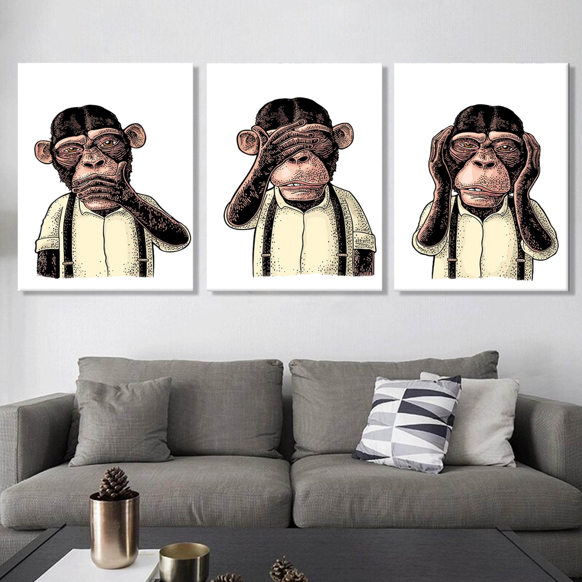 CAOXTART Three Wise Monkeys Pictures Canvas Print: Funny Modern Wall Art, Nordic Animals Oil Painting Set of 3, Monkeys Posters(80x120cmx3/Frameless)