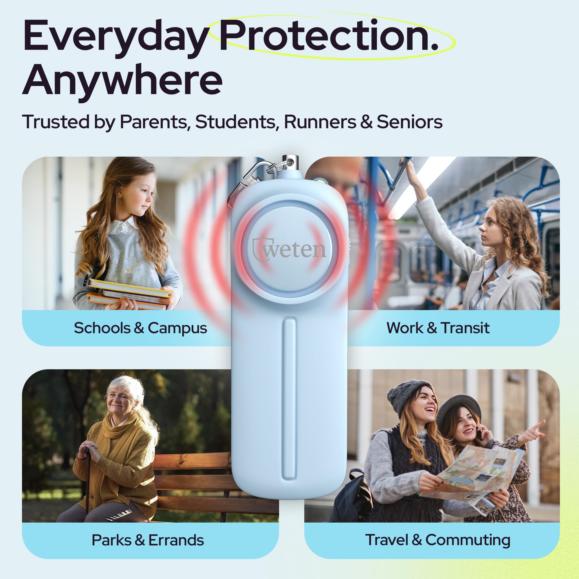 Porte-clés d'alarme de sécurité personnelle WETEN pour femmes – Sirène d'autodéfense puissante de 130 dB avec lumière LED – Sifflet de protection d'urgence par (Bleu)