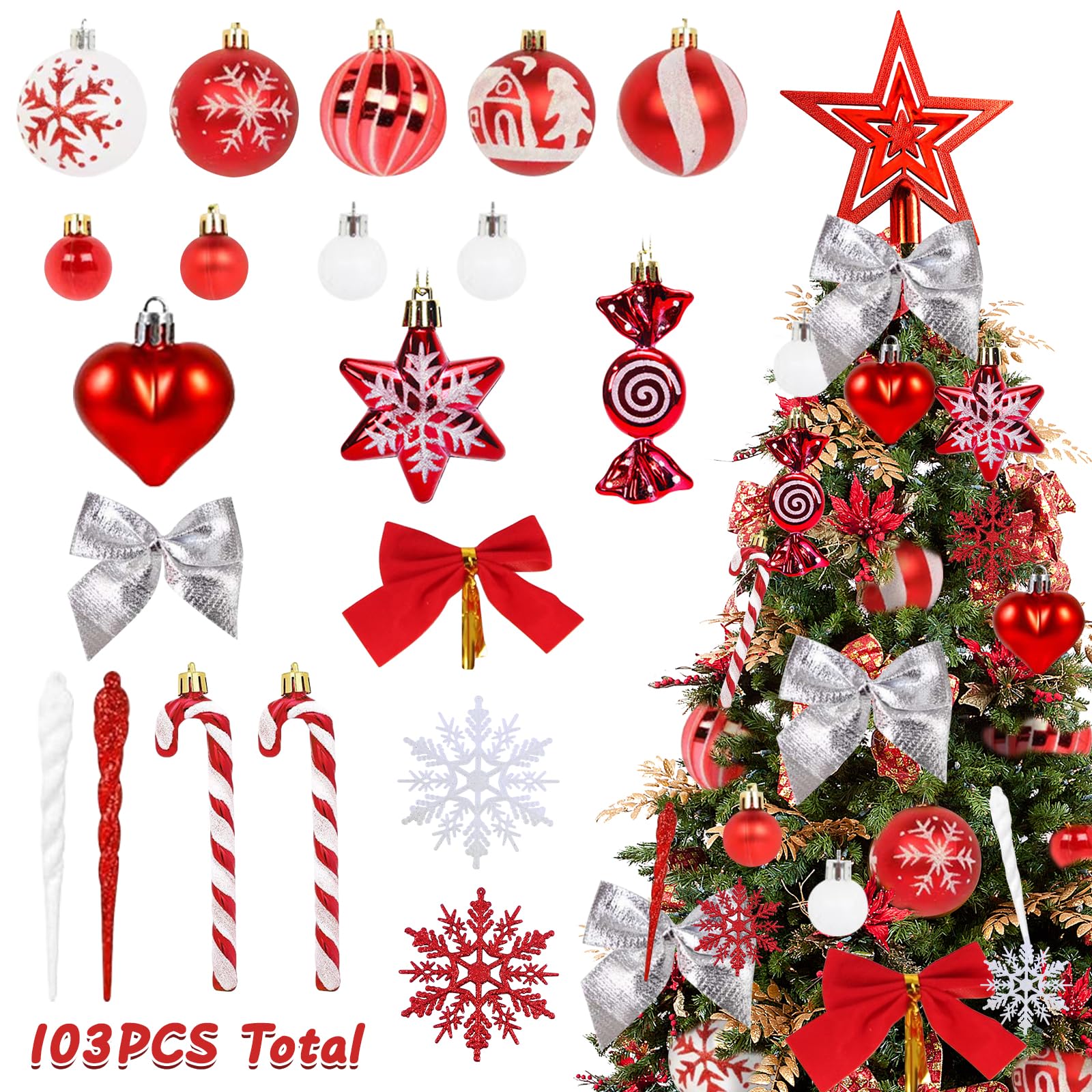 70 Pezzi Set Palline di Natale Infrangibili Rosso Oro Verde con String