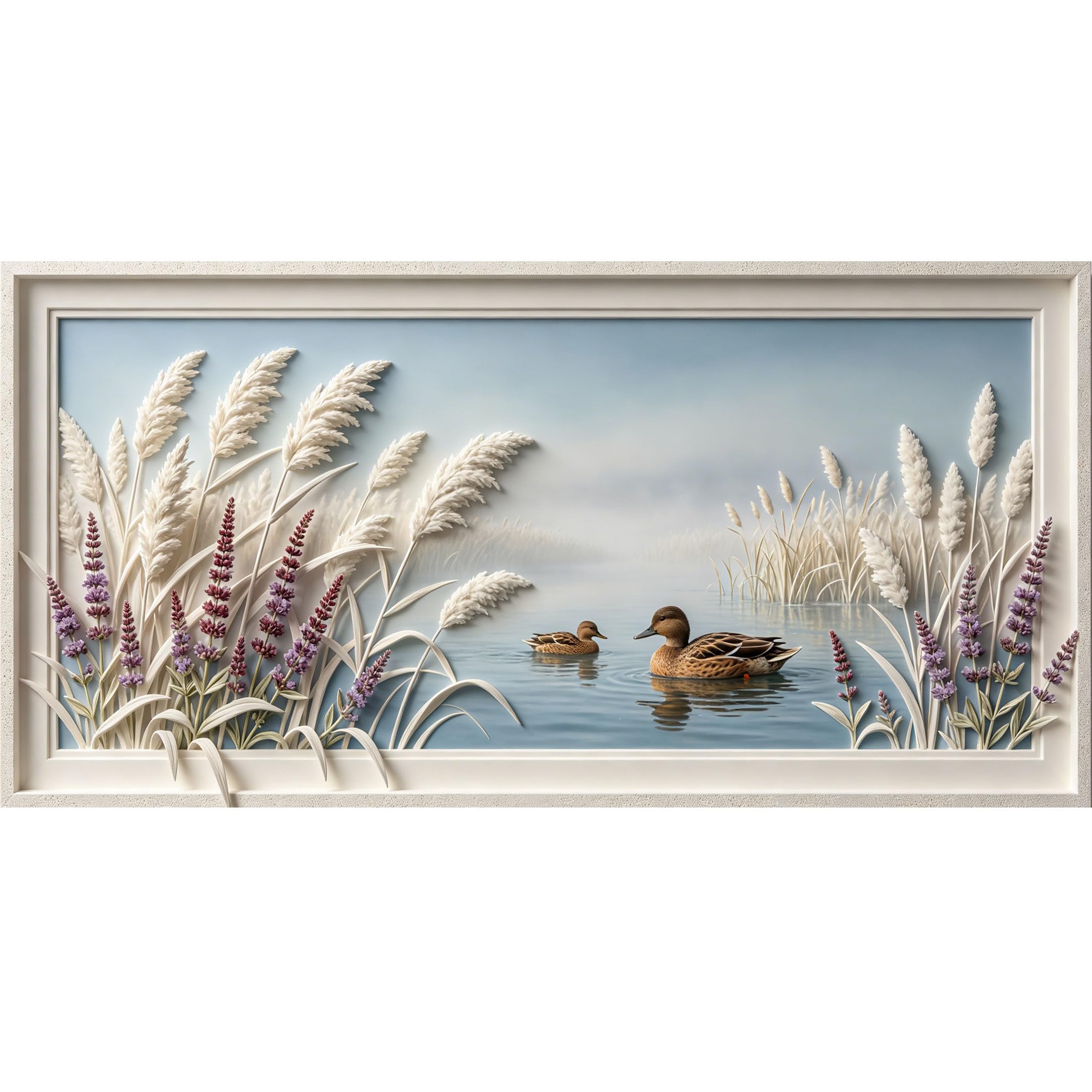 Agglomerix 3D Framed Wall Art Coastal Wetland Ducks Reeds Lavender Botanical Relief Lake Nature Large Size Self-Adhesive Removable Wall Decor Prints Artwork for Living Room Bedroom Office