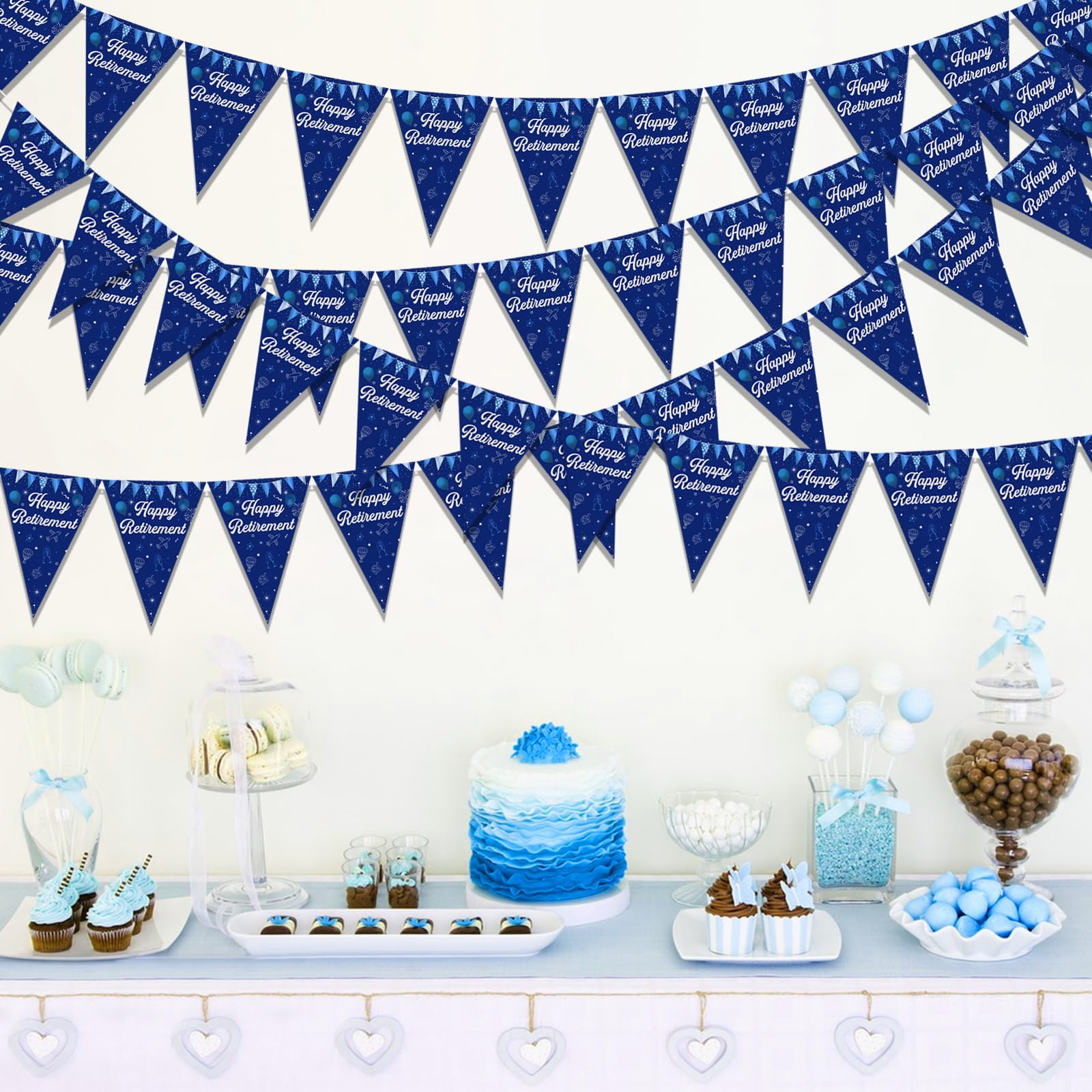 Happy Retirement Banner – Blaue Dreiecksflaggen, 3 Stück, Je 3 M, Für Ruhestandsparty-Deko