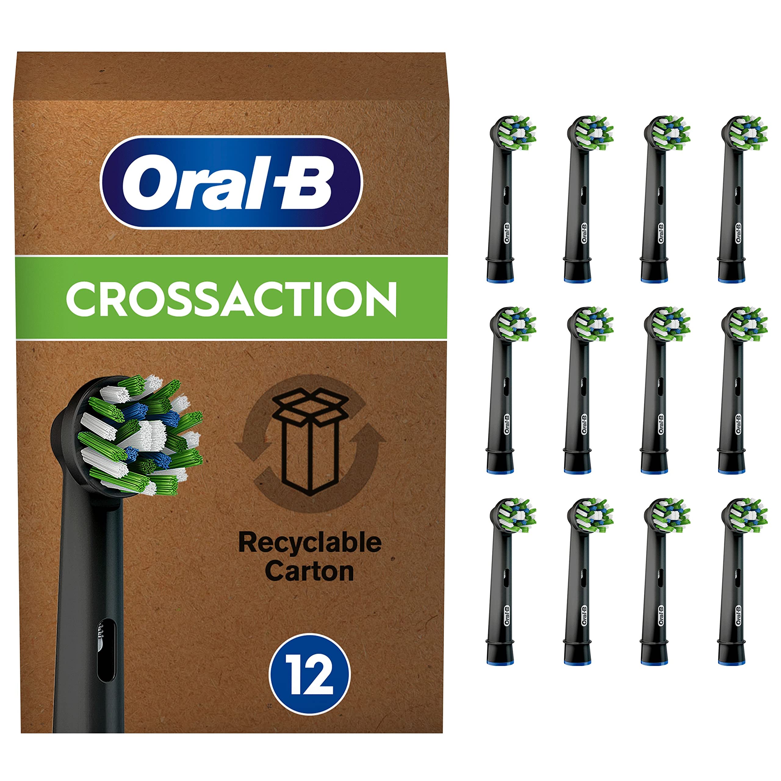 Oral-B CrossAction Recambios para Cepillo de Dientes Eléctrico, Pack de 12 Cabezales, Negro - Originales (Tamaño Buzón) GreenCircle Certified: Certified Environmental Facts Label
