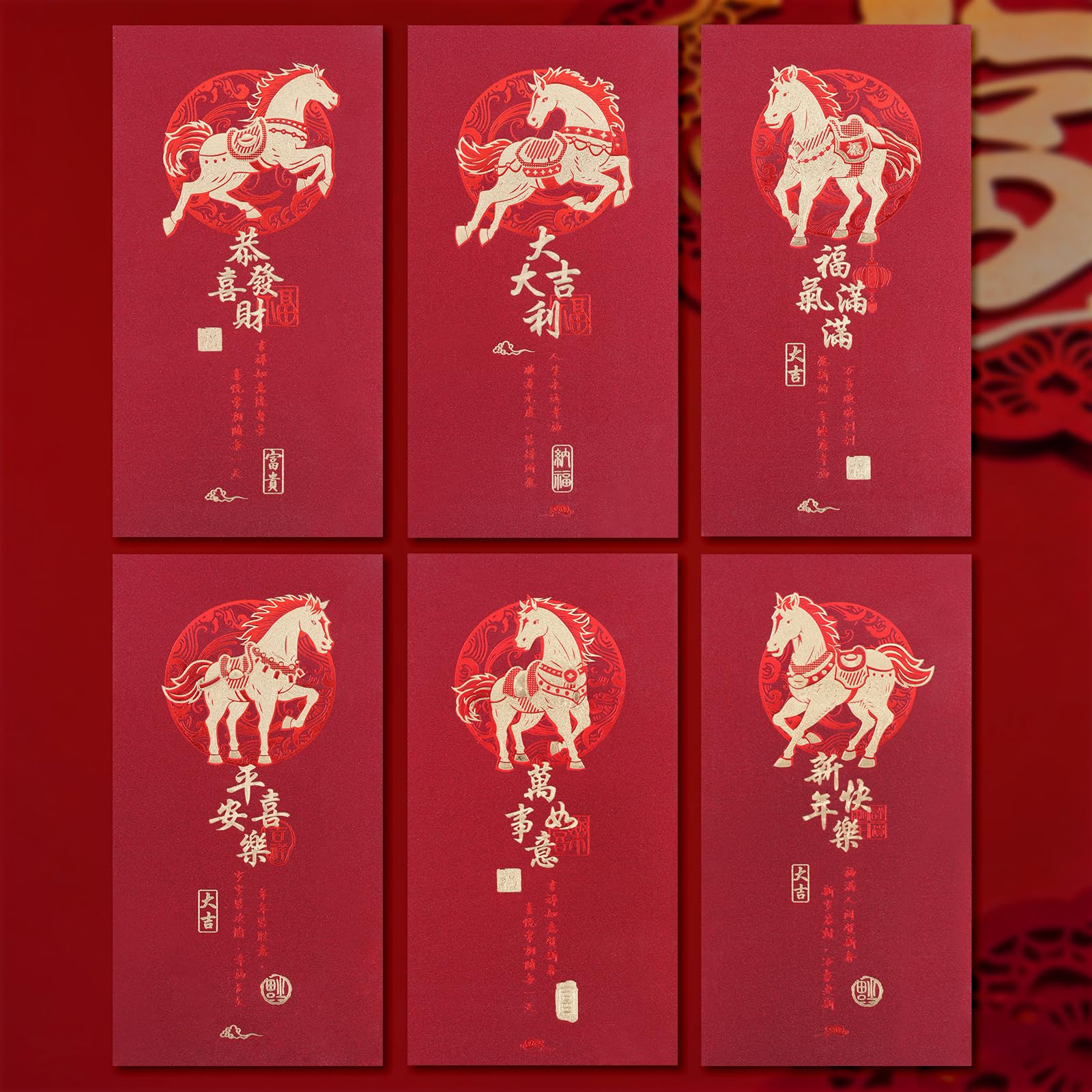 Briefumschläge 2026 Jahr des Pferdes Rot, 6 Stück mit goldfarbenen geprägten Mustern – Mondneujahr Hongbao für Segen, chinesisches Neujahrsgeschenk, Partydekorationen und Zubehör