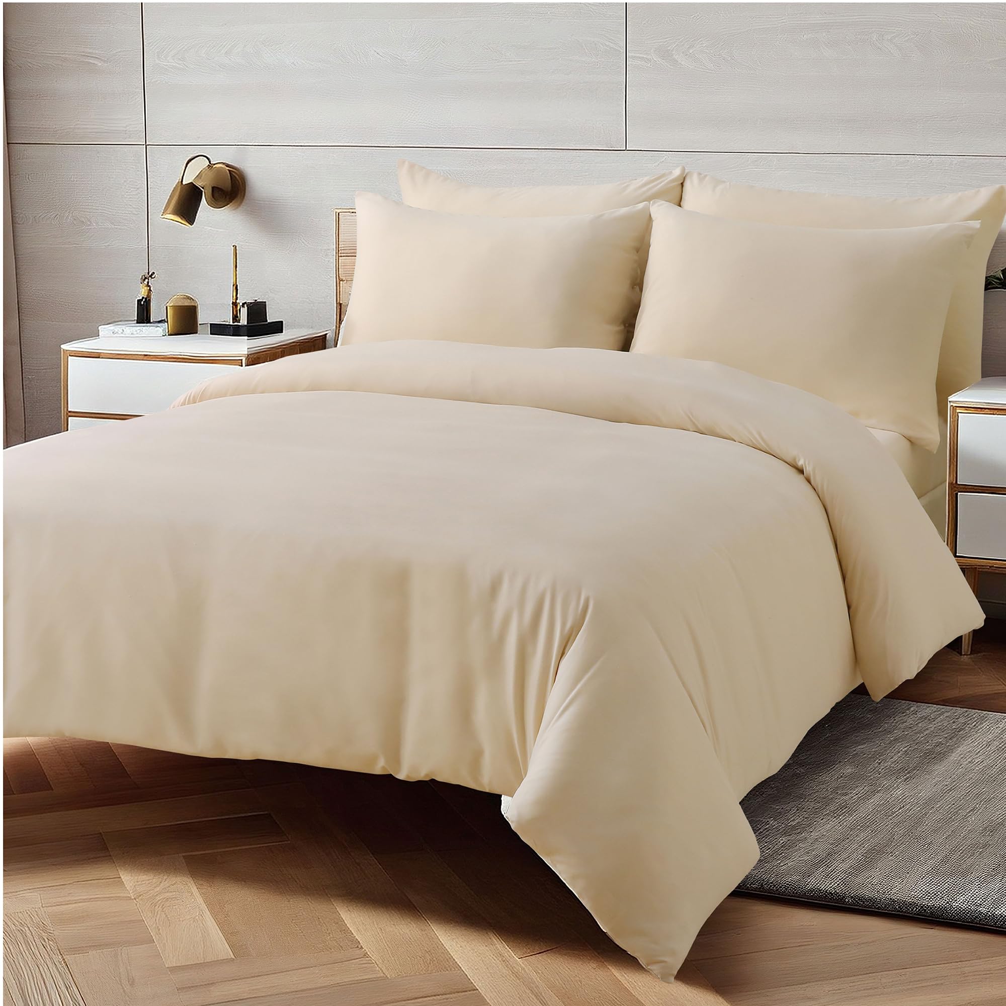 The Essentials Wardrobe Duvet Cover Set Includes Matching Pillowcase Soft Microfibre Fabric, Breathable & Wrinkle Resistant, Quick Popper Fastening Beige (Double- 200x200)