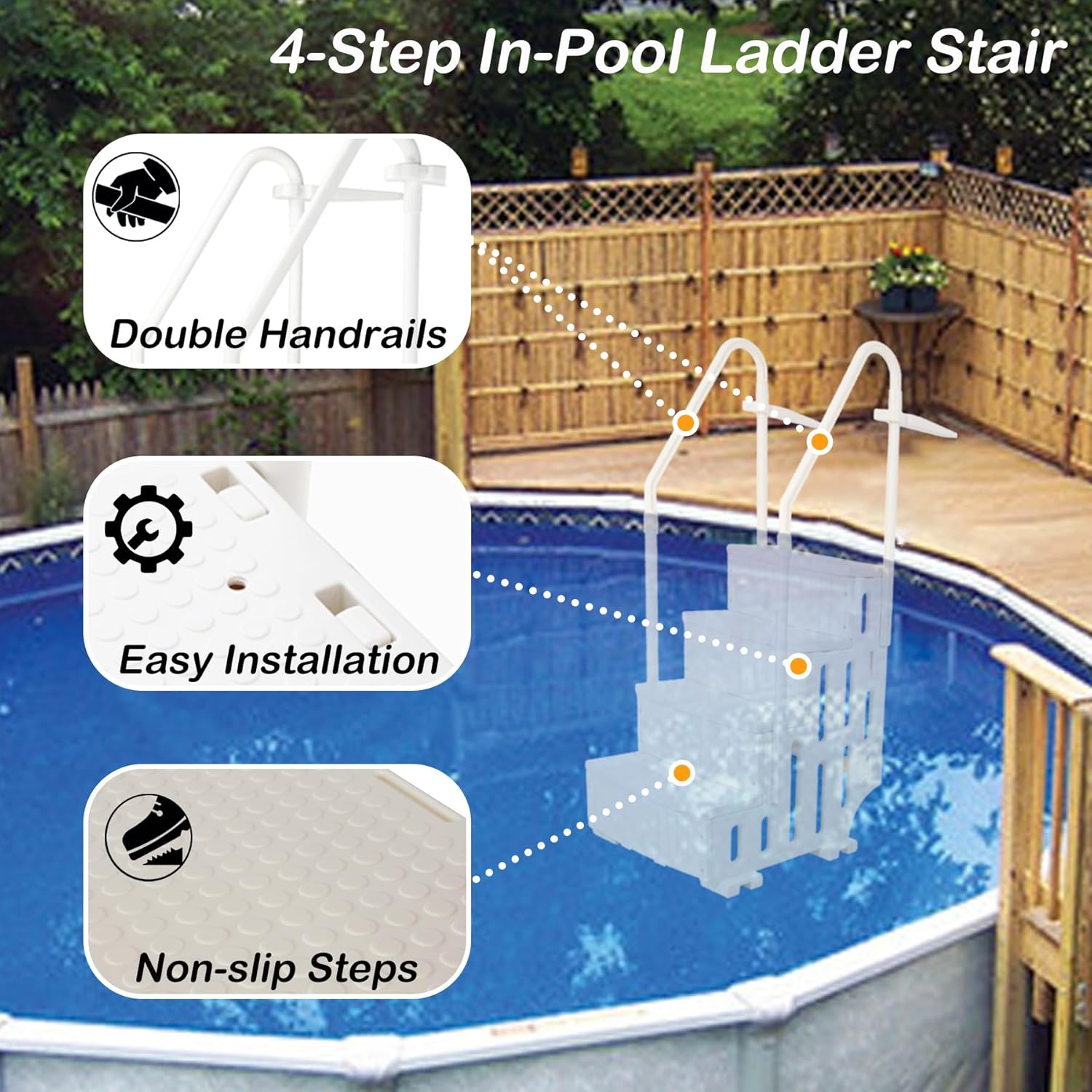 47'' Drop in Step Ladder for Above Ground Swimming Pool, Heavy-Duty 4 Safety Curve Base Pool Steps Ladders with Handrails Non-Slip Footstep for Inground Pools, Hold Over 400lbs