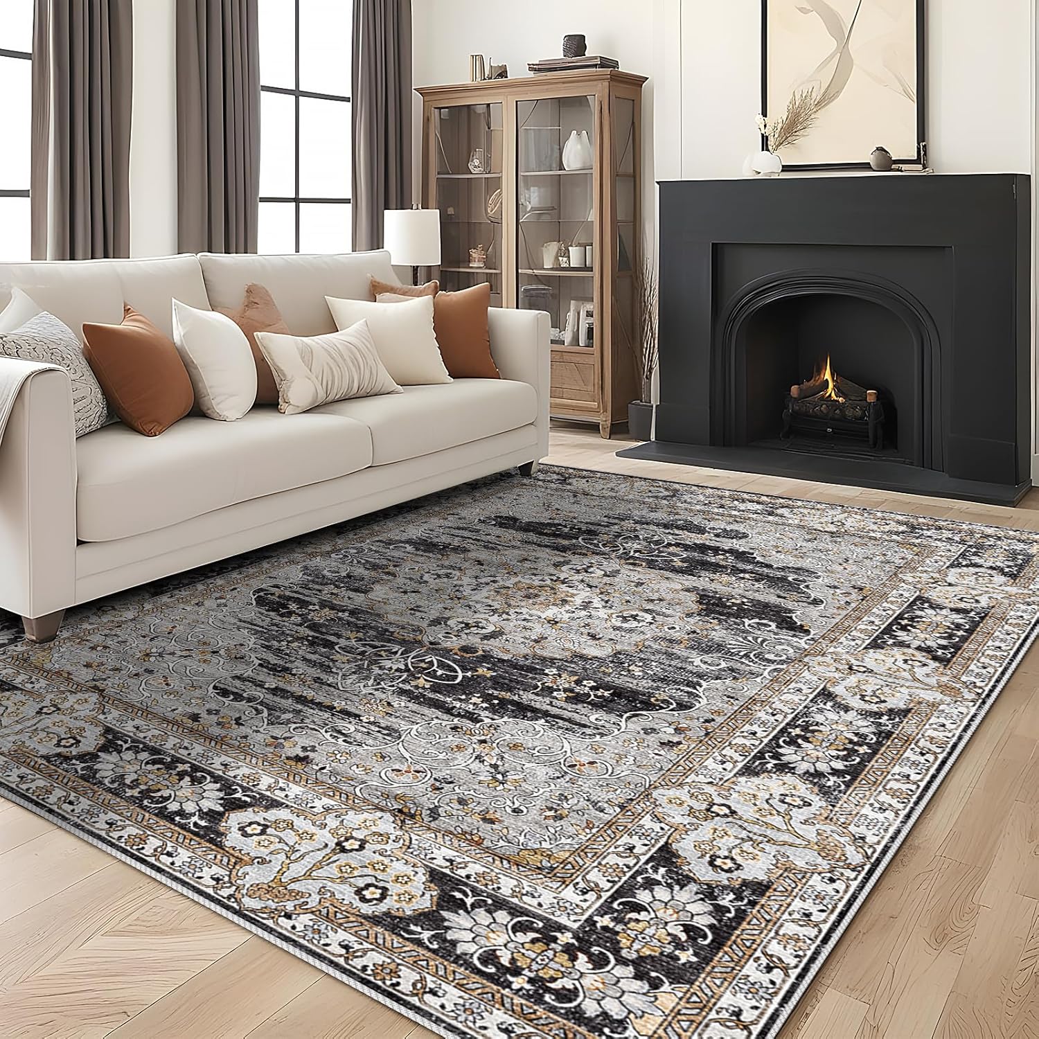 5x7 Washable Vintage Rug: Oriental Rugs for Living Room Non Slip Backing Stain Resistant Large Indoor Carpet for Bedroom Area Rug Dining Room Decor(Black,5x7FT)