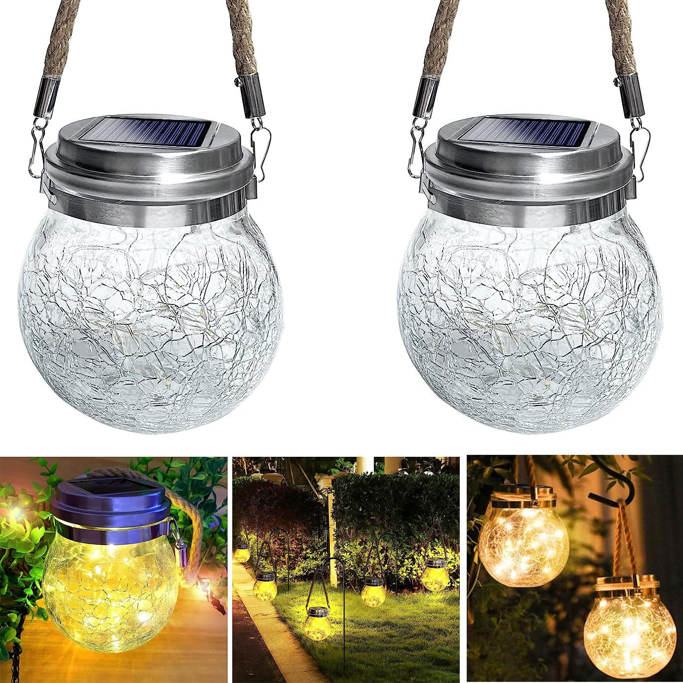 2x LED Solarglas - Solarlampe aus Glas mit LED Lichterkette warmweiß inkl. Akku Solar Gartenlampe Laterne Solarlaterne