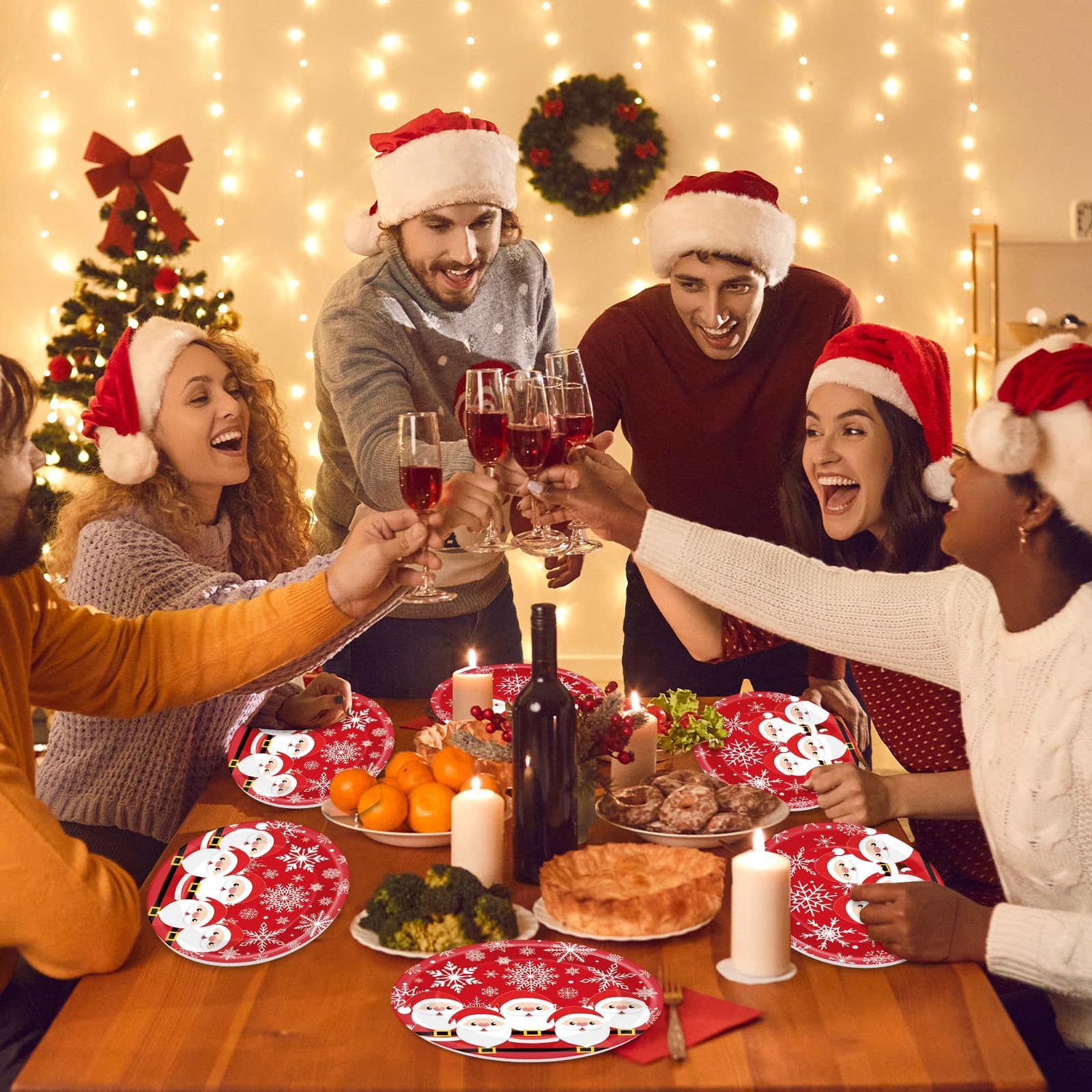 Lonfliness 50 platos de papel ovalados de Navidad, suministros de fiesta de Navidad, Papá Noel, copo de nieve, juego de vajilla de invierno, vacaciones, cena, postre, decoración para niños y niñas